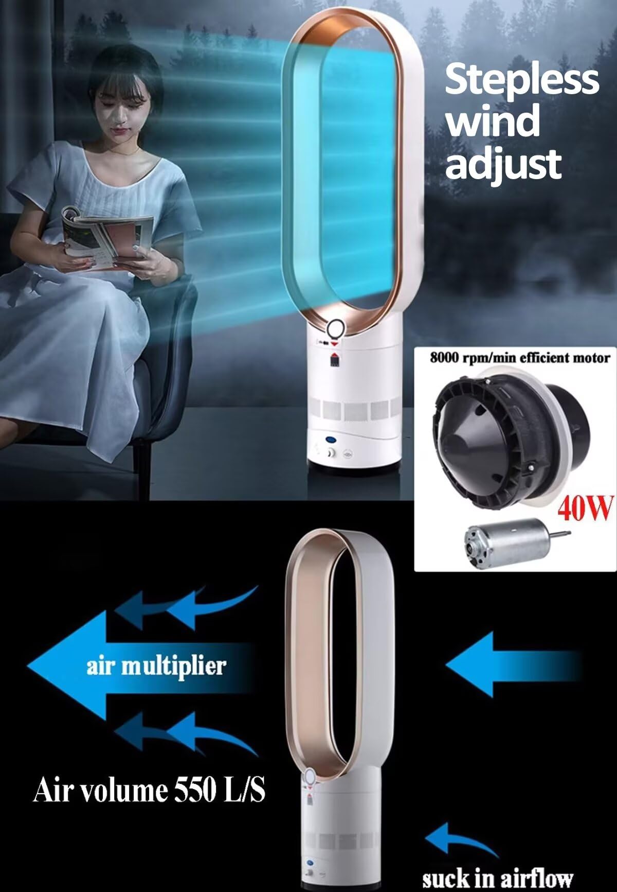 Ventilador de torre 16 pulgadas,ventilador sin aspas con remoto,ventilador eléctrico doméstico de bajo consumo para verano,rotación 90 grados,temporizador de 0,5 a 2 h,velocidad del viento continua
