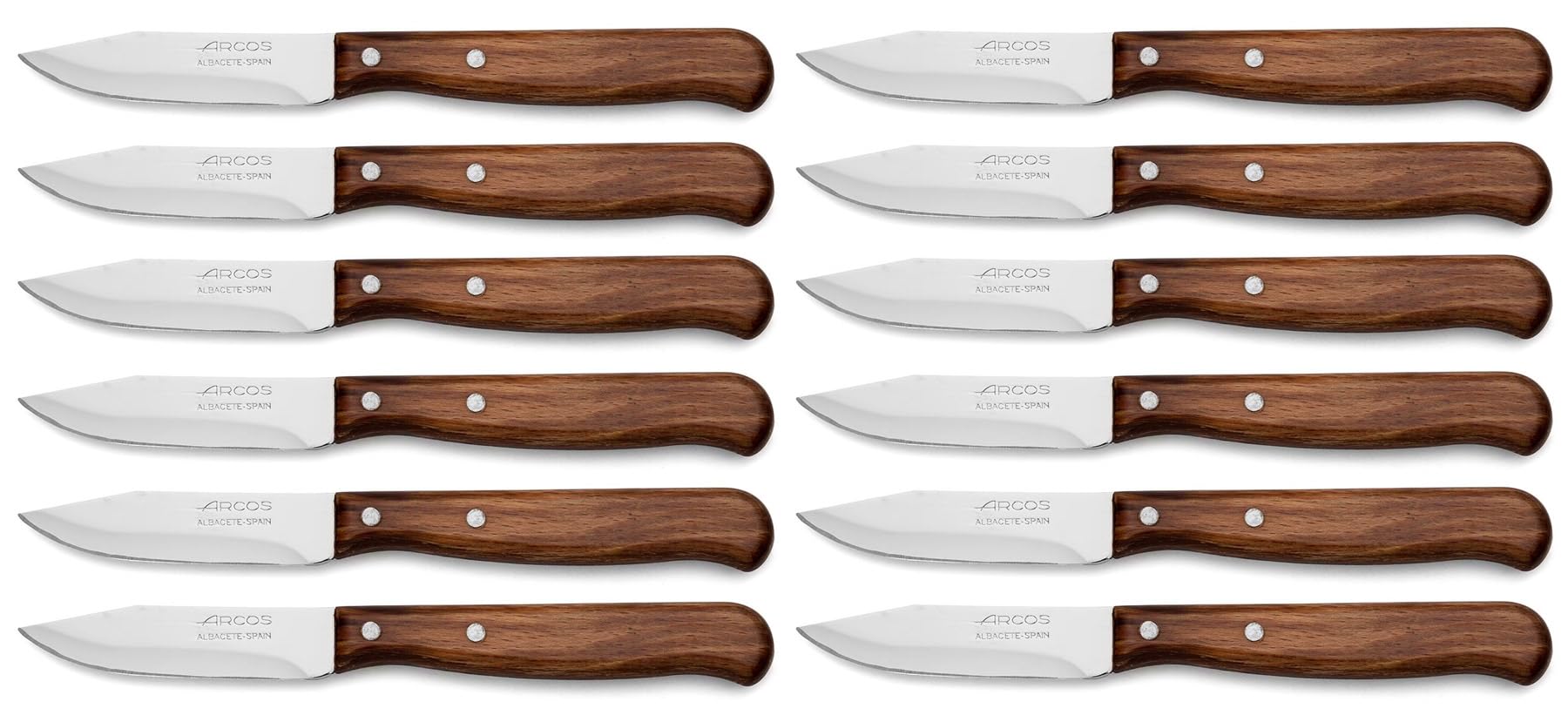 Arcos Serie Latina Caja 12 uds Cuchillo para pelar Mondador, Hoja de Acero Inoxidable NITRUM NITRUM de 65 mm, Mango de Madera comprimida Color Marrón (12 UDS)
