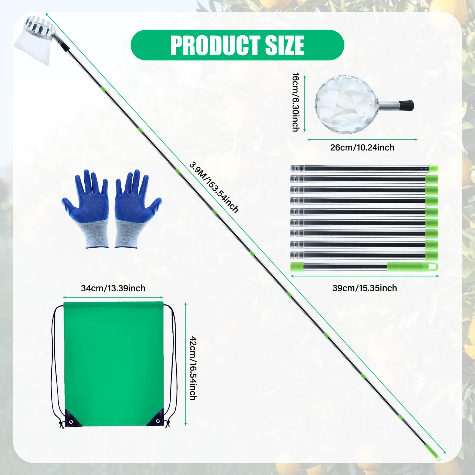 Recogedor Frutas Telescopico, 3.9M Recogedor de Frutas con Varillas de Extensión, Recoge Frutas de árboles con Bolsa de Algodón, Frutas Herramientas Recolectoras para Manzanas, Naranjas, Peras