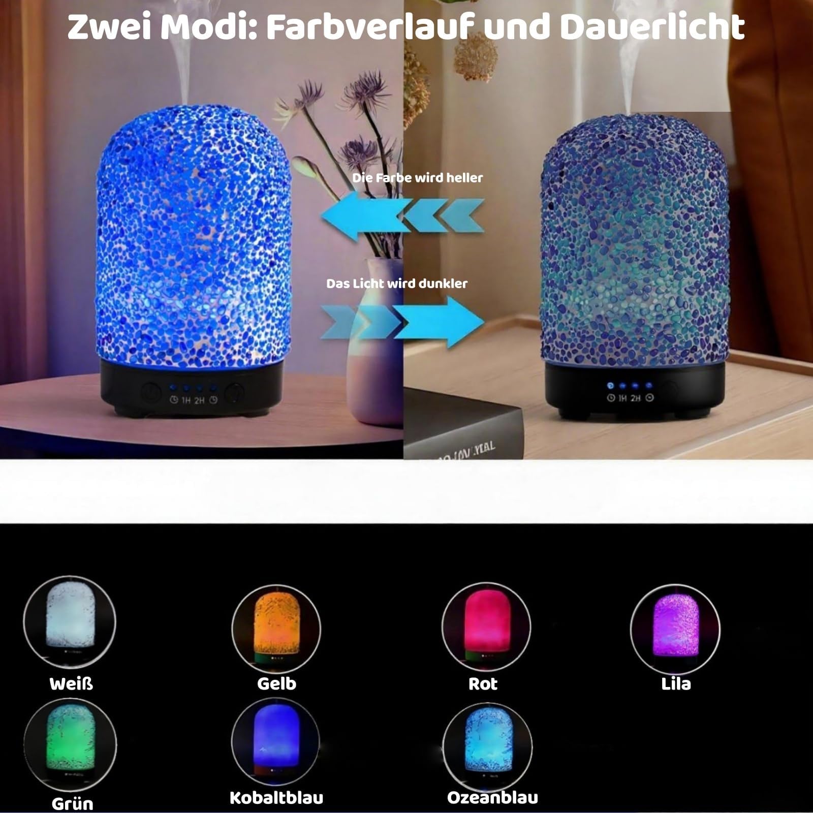 VOREEN Diffusore di aromi con vetro a mosaico incollato manualmente, nebulizzatore a ultrasuoni per oli essenziali con luce a LED e timer, diffusore di profumo per camera da letto, ufficio