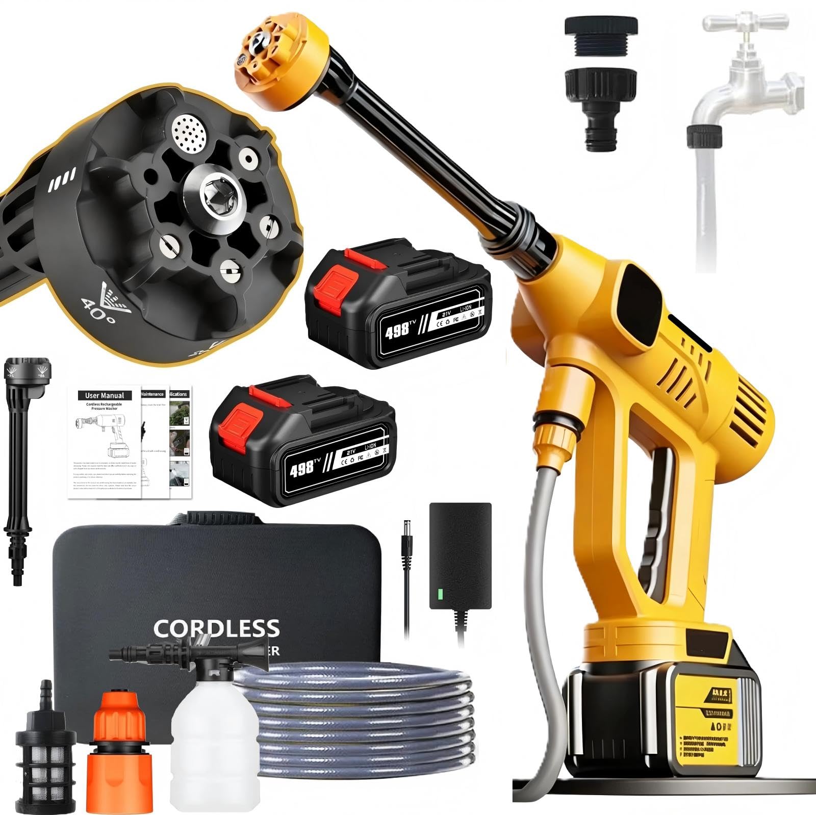 Hidrolimpiadora Bateria, 21V Máx 65Bar/942PSI Hidrolimpiadora de Alta Presion con Baterías de 6,0Ah, Pistola de Lavado de Alta Presión con Pantalla LCD de Potencia y de 10 Velocidades (con 2 Batería)