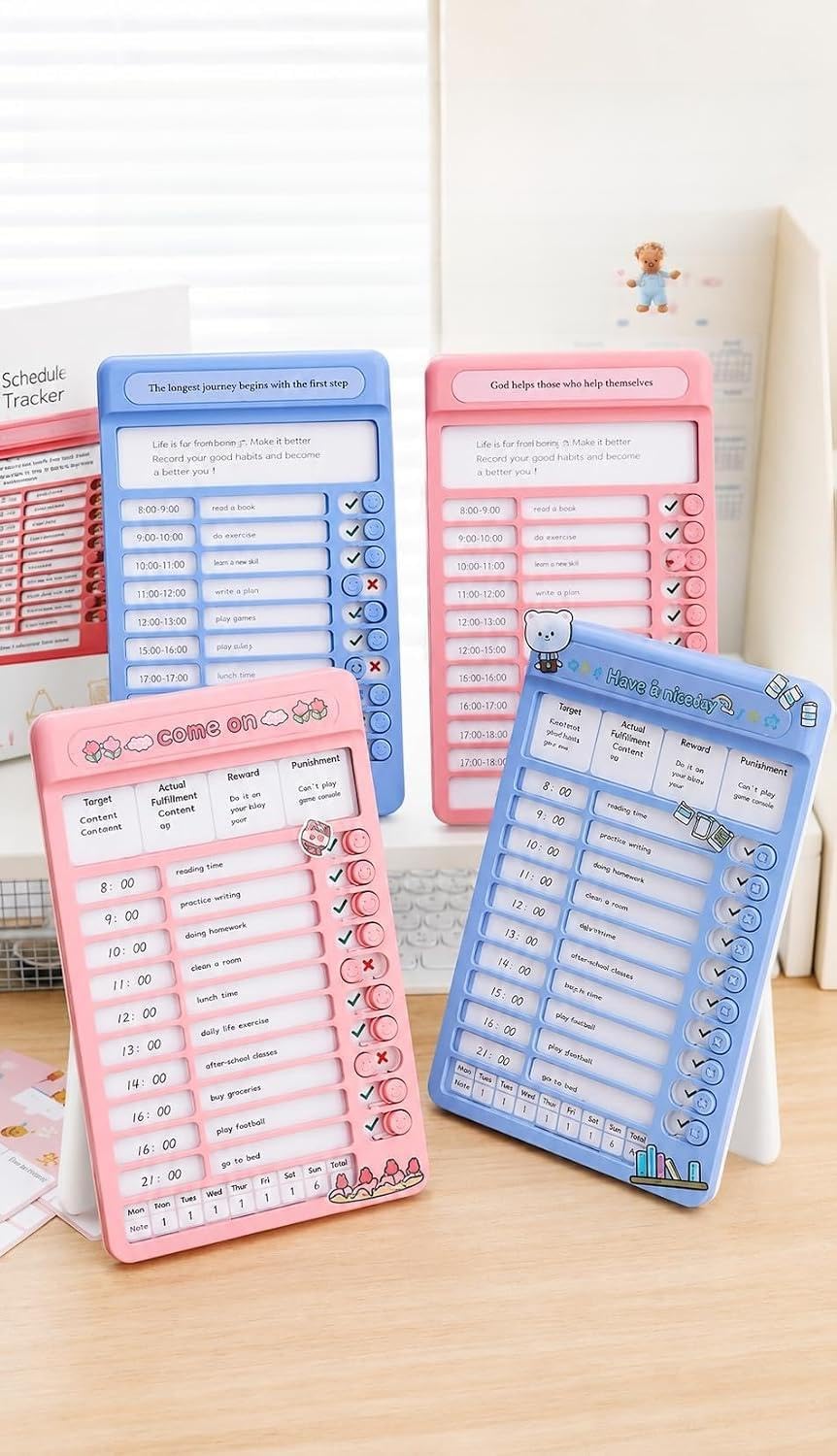 Habit Tracker Board for Kids & Adults | Reusable Daily Routine Chart with Sliding Check Buttons, Reward & Punishment Planner, Weekly Goal Tracker, Time Schedule Board with Writable Cards & Stickers (Pink)-image-38