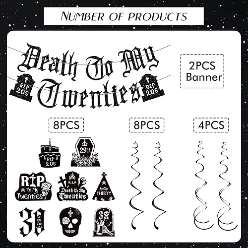 Miniatura 2 de Decoraciones de Death to My 20 14 piezas negras para decoración de fiesta de cumpleaños de 30 años, pancarta colgante de remolinos rasgados a mis
