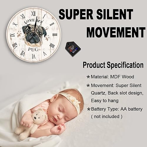 Miniatura 3 de Reloj de pared con diseño de carlino de acuarela, decoración para mamá, regalo para amantes de los perros, de 12 pulgadas, funciona con pilas,