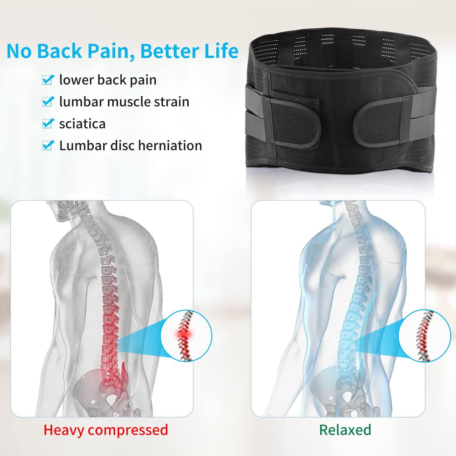 Soporte lumbar para aliviar el dolor de espalda, soporte transpirable para la espalda baja para mujeres y hombres, cinturón de apoyo lumbar ajustable con 7 soportes para hernia de disco,