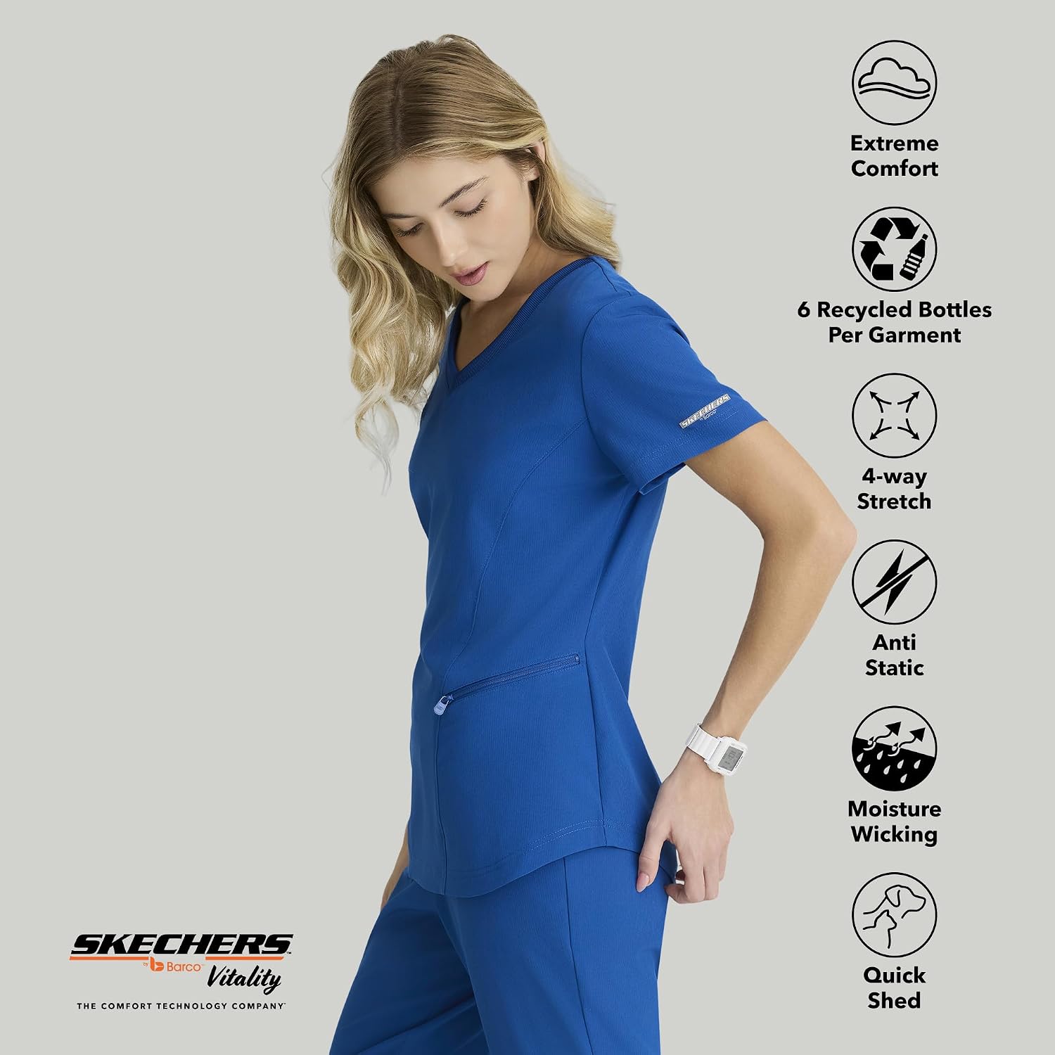 BARCO Skechers Vitality Electra Classic Fit Scrub Top for Women's 3-Pocket V-Neck Top with Moisture Wicking Fabric