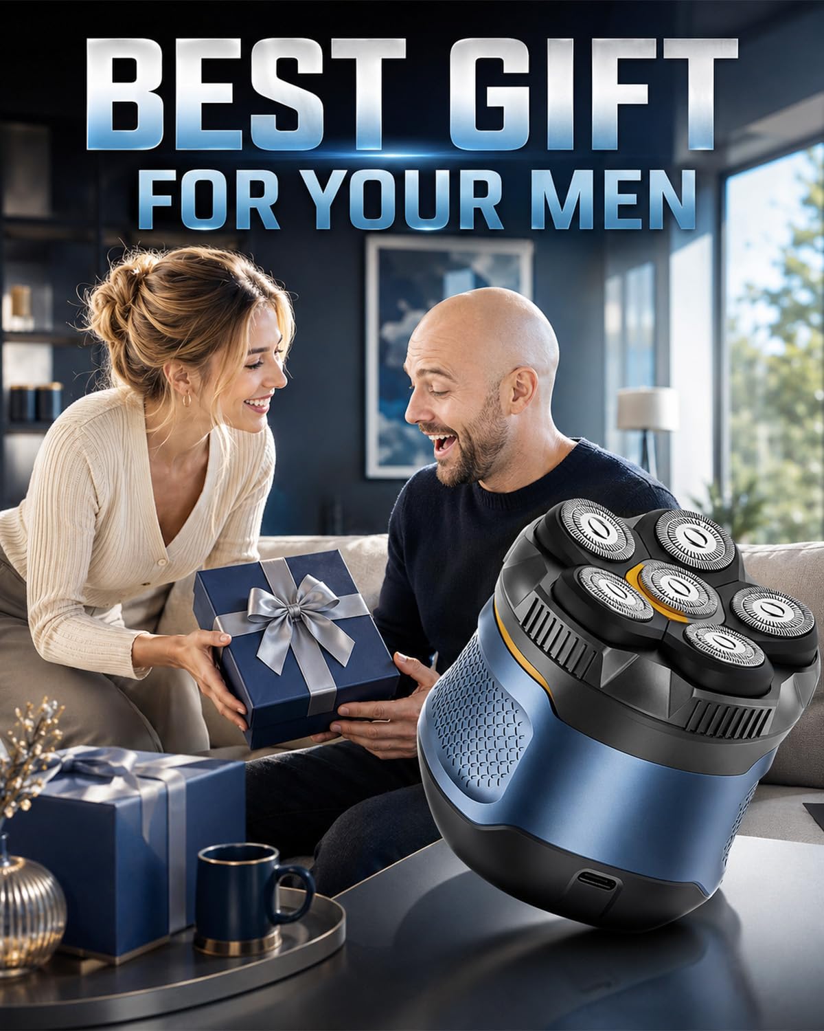 Rasoio elettrico da uomo, 6D a forma di teschio, ricaricabile tramite USB, portatile, da viaggio, regalo per la festa del papà, blu