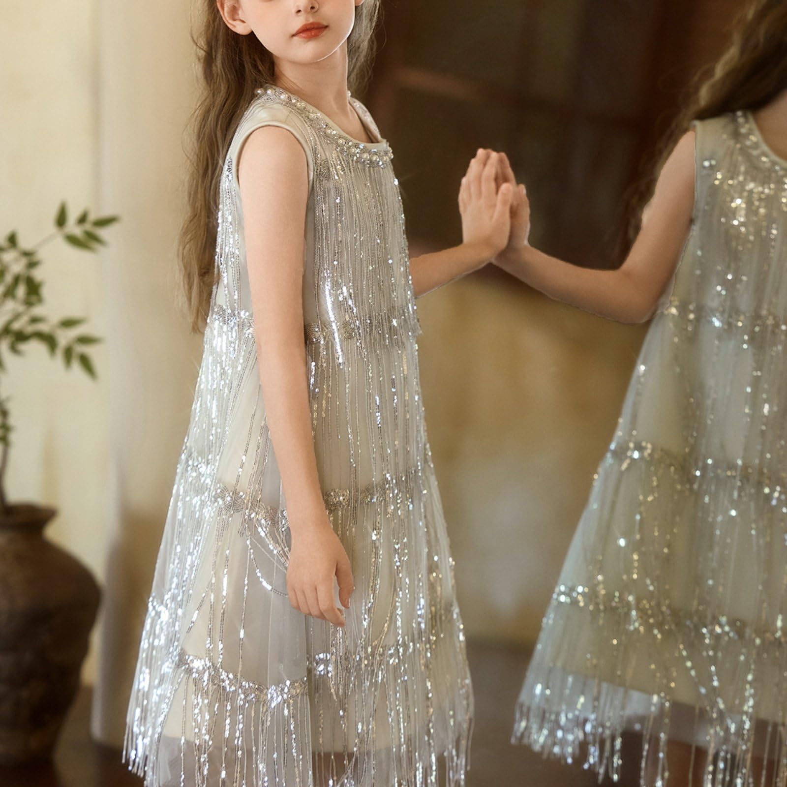 Girls Sparkle Dress Mädchenkleid Fransen Kleid Pailletten Kleid Tanzkleid aus Polyester mit Eleganter Bewegung Leicht Und Pflegeleicht für, 110CM