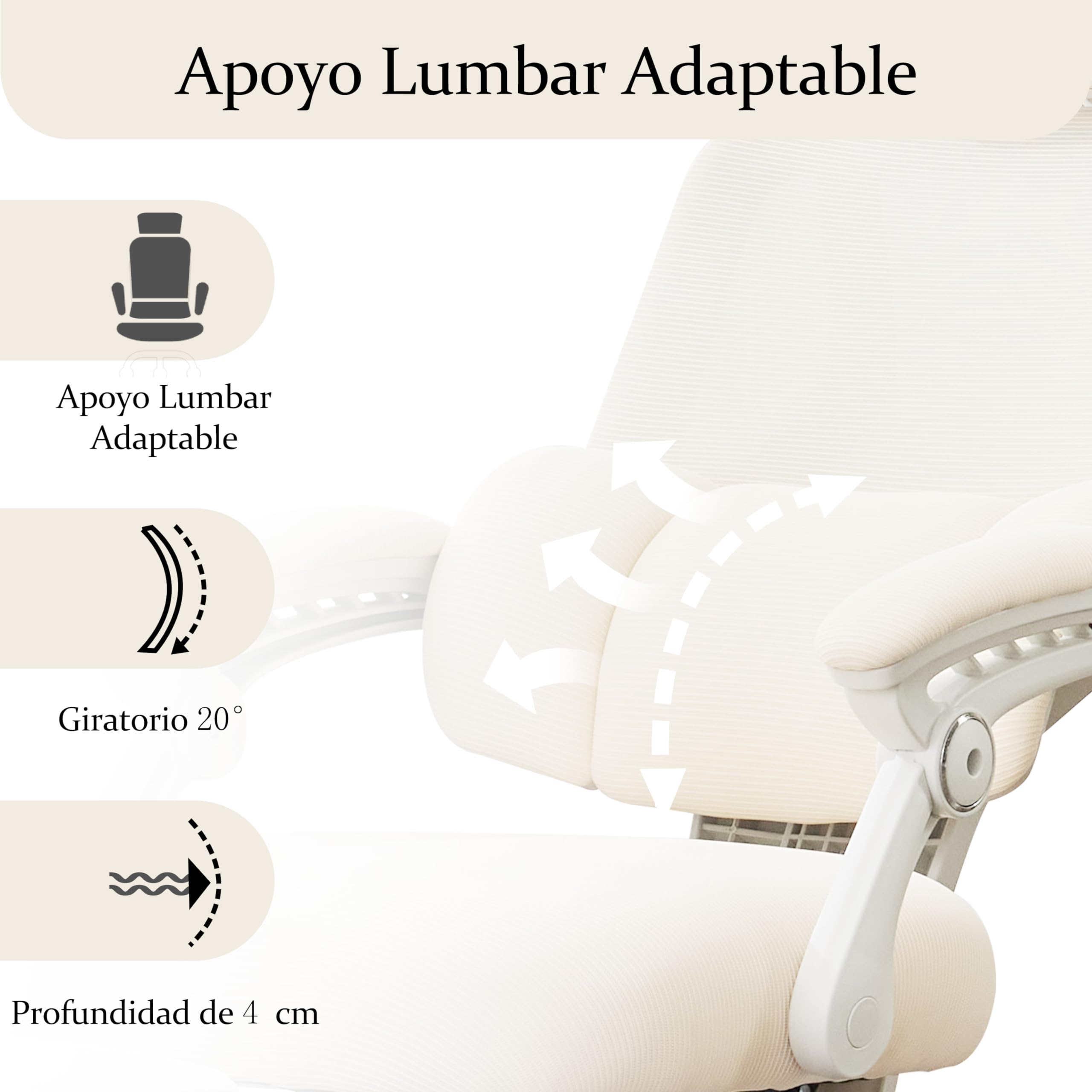 UEV Silla de Oficina Ergonómica Lumbar con Ajuste de 90°-135°, Silla de Oficina con Cómodo Soporte Corporal, Sillas Ergonómicas Estables y Funcionales, 64x64x(112-120) cm, Beige | Silla giratoria de escritorio, inclinable hasta 135°, altura regulable, sop