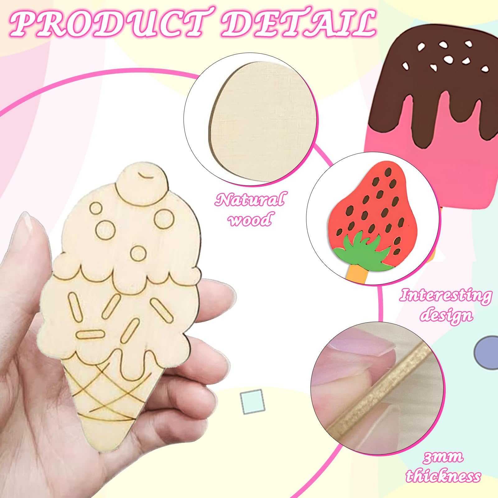 DONCOO Kit De Manualidades De Madera De 16 Piezas Con Diseño De Helados, Incluye Lápices Acuarelables, Cuerda Y 12 Pinturas, Regalo Creativo Para Niños