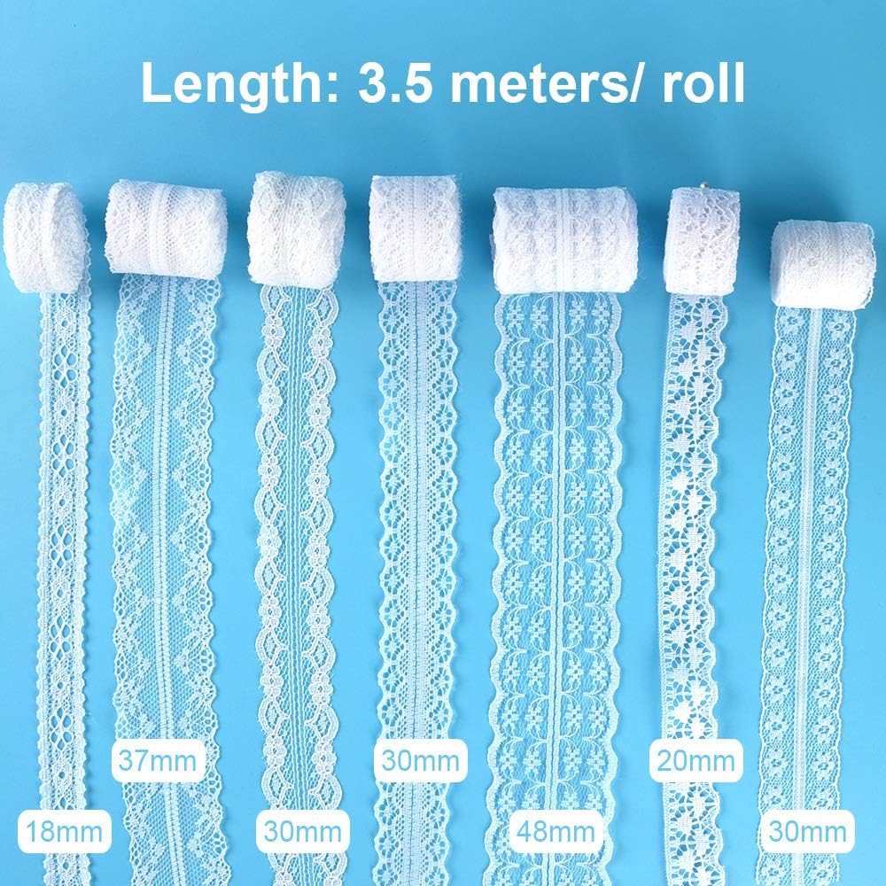 FEPITO 15 Rolls 55.5 Yard White Lace Trim Ribbon Assorted Patterns Cream Vintage Lace Ribbons for Sewing DIY Making and Bridal Wedding Decorations