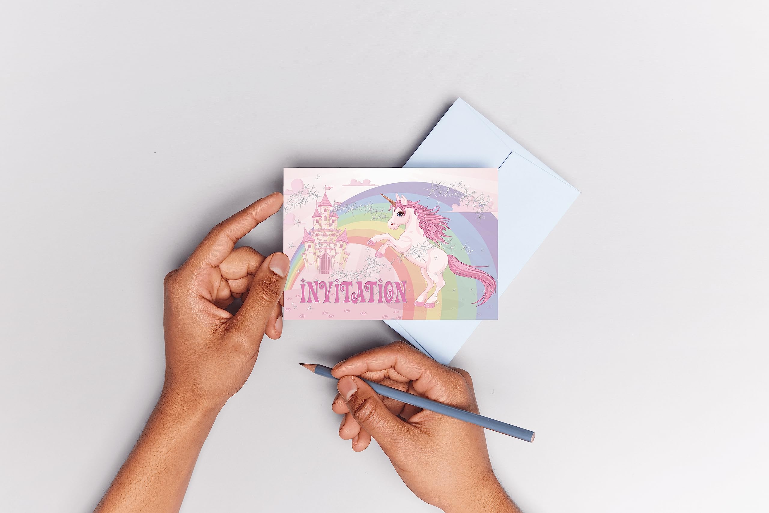 10 Einhorn-Einladungskarten Für Mädchengeburtstage – Zart Illustriert Mit Schloss & Regenbogen