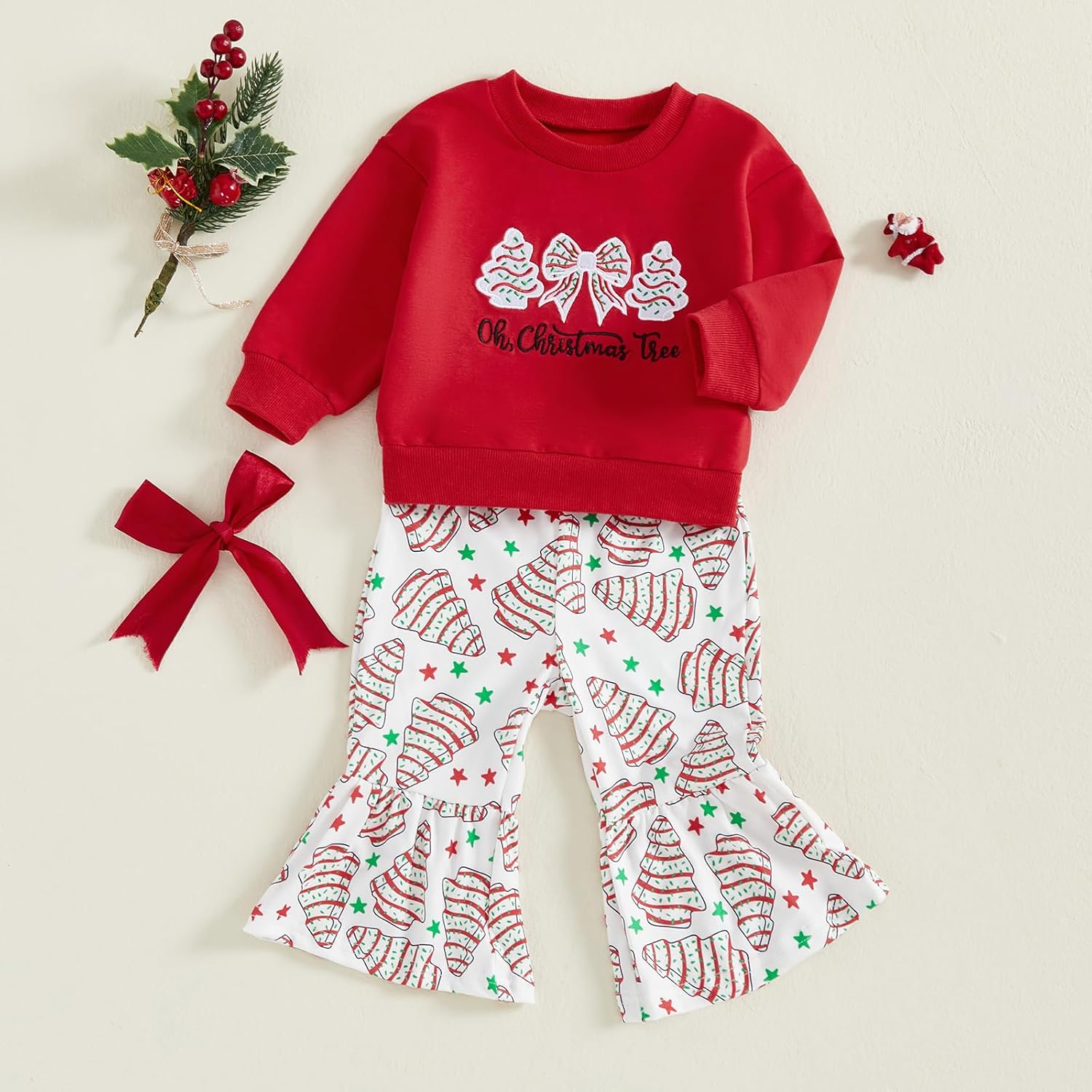 BemeyourBBs Toddler Baby Girl Christmas Outfit Pullover Sweatshirt Top Flared Pants Set Cute 2 Piece Bell Bottom Outfit - Image 4