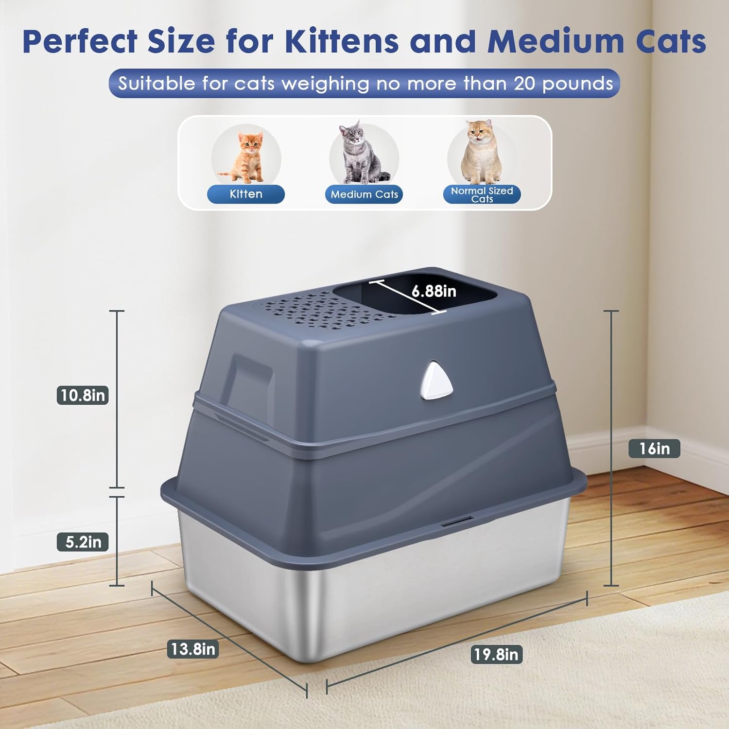 Enclosed Stainless Steel Cat Litter Box with Lid, Top Entry Design,Dog Proof,Protection for Cat Privacy, Includes Scoop, Suitable for Kitty&Medium (Grey)