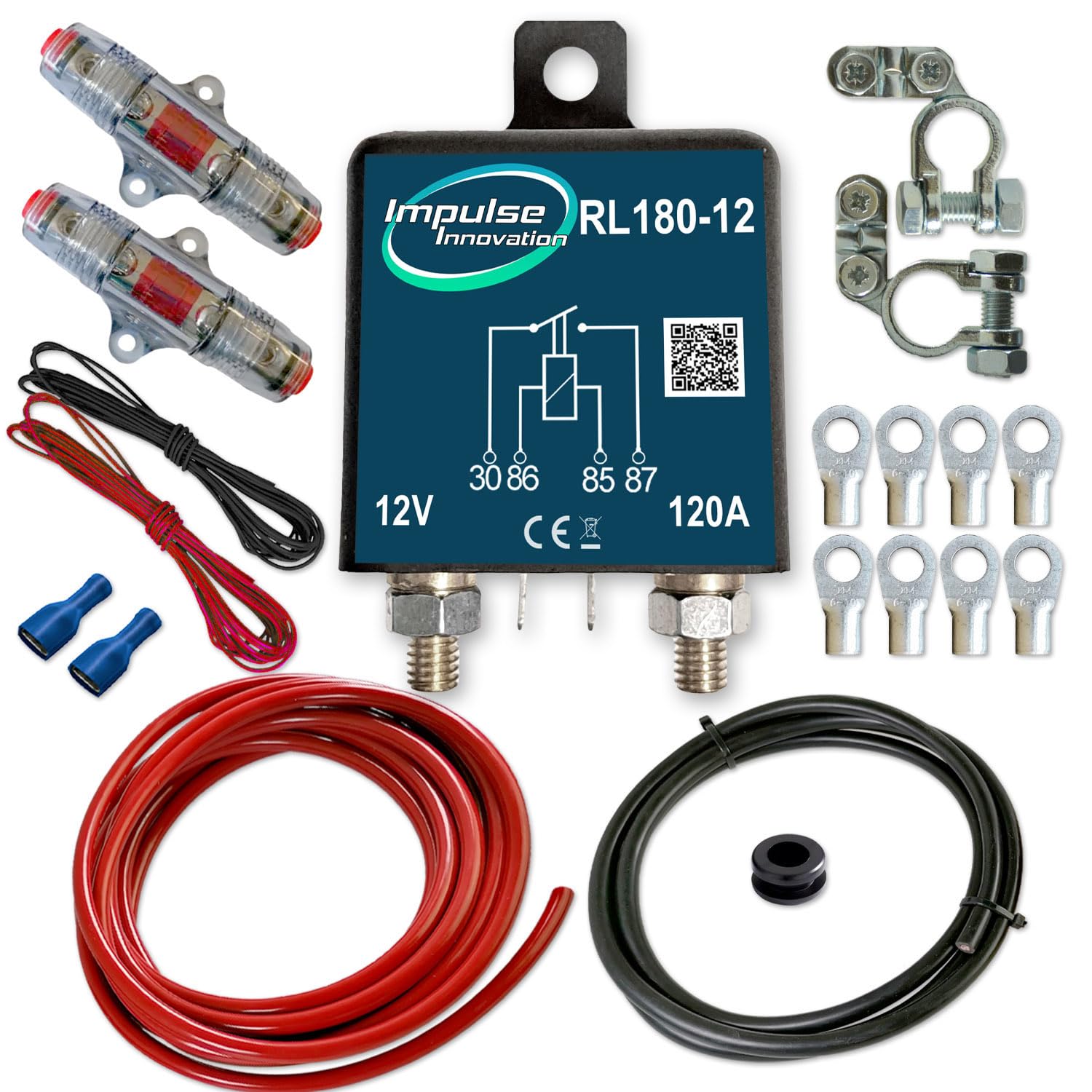 Zweitbatterieset ECO RL180-12 | Trennrelais 12 V 120 A | 5,8 m AWG4 (22 mm²) CCA-Kabelsatz | 60 A Mini-ANL Sicherungen | Nachrüstkit für Wohnmobil, Boot, Caravan & Car-HiFi