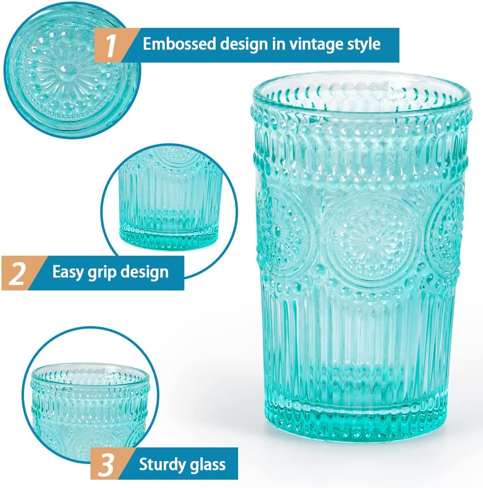 MDLUU Colored Glassware, Multicolor Drinking Glasses, Embossed Water Glasses, Colored Tumblers Glass, Capacity 12oz/345ml, Set of 4 - Image 4