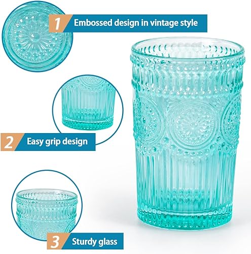 Miniatura 18 de MDLUU Vasos de agua en relieve, cristalería romántica, vasos de beber vintage, vasos de vidrio para jugo, bebidas, cóctel, capacidad de 12.5 onzas