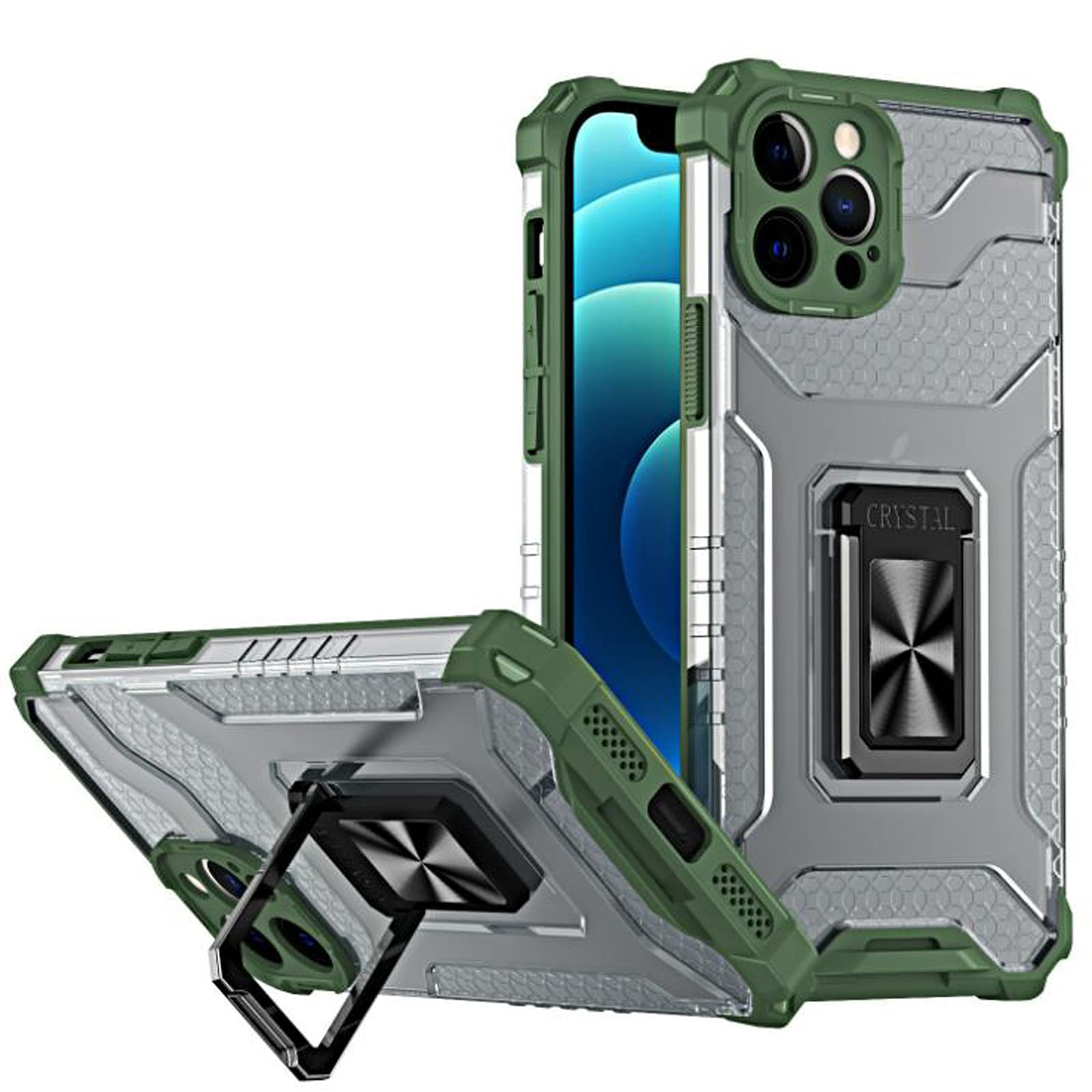 Compatible with iPhone 13 Pro Max Case-Cool Mech-Car Magnetic Absorption-Shock Absorption and Drop-Ring Bracket-Honeycomb Heat Dissipation- for iPhone 13 Pro Max Mobile Phone Case (Army Green)