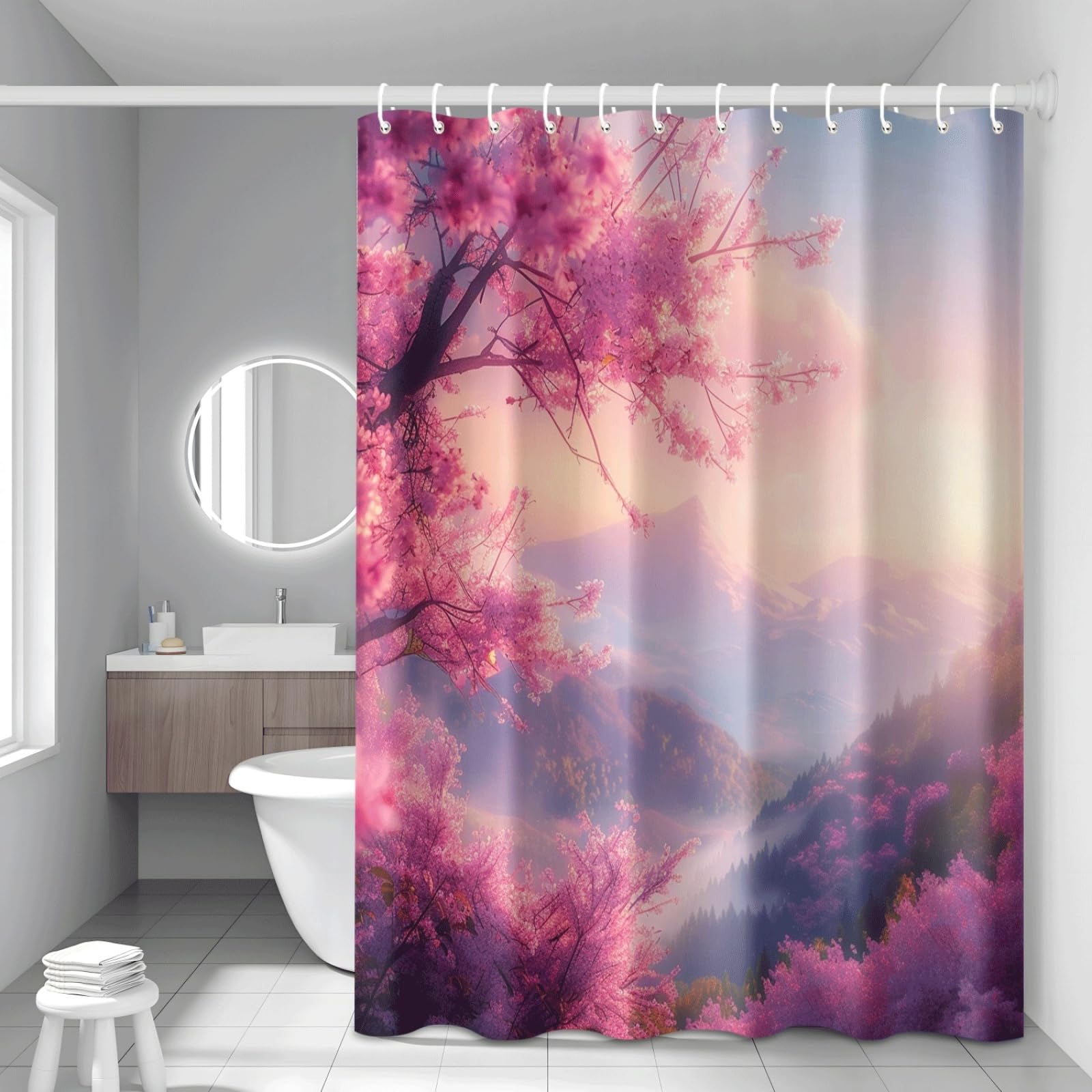 Shower Curtain Orange Pink Landscape Mould Resistant Shower Curtains for Bathroom Washable Polyester Bathroom Curtains Decor Wet Room Quick Dry Anti Mould Bath Curtain with 12 Hooks 180x220cm