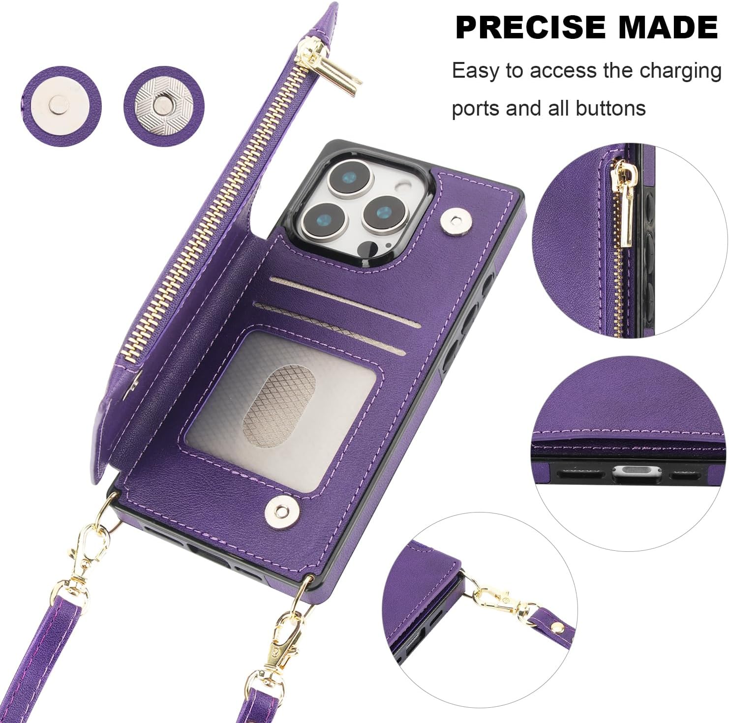 Bocasal Crossbody Wallet Case for iPhone 16 Pro with RFID Blocking Card Slot Holder, Magnetic Flip Folio Purse Case, PU Leather Zipper Handbag with Detachable Lanyard Strap 6.3 Inch 5G (Purple)
