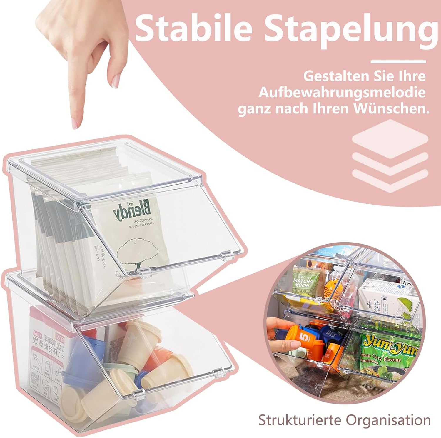 Roninkier Stackable Tea Bag and Coffee Pod Organizer with Clear Front Flap, Large Capacity Open Storage Bin for Drink Packets, Snacks and Pantry Organization, BPA-Free Plastic