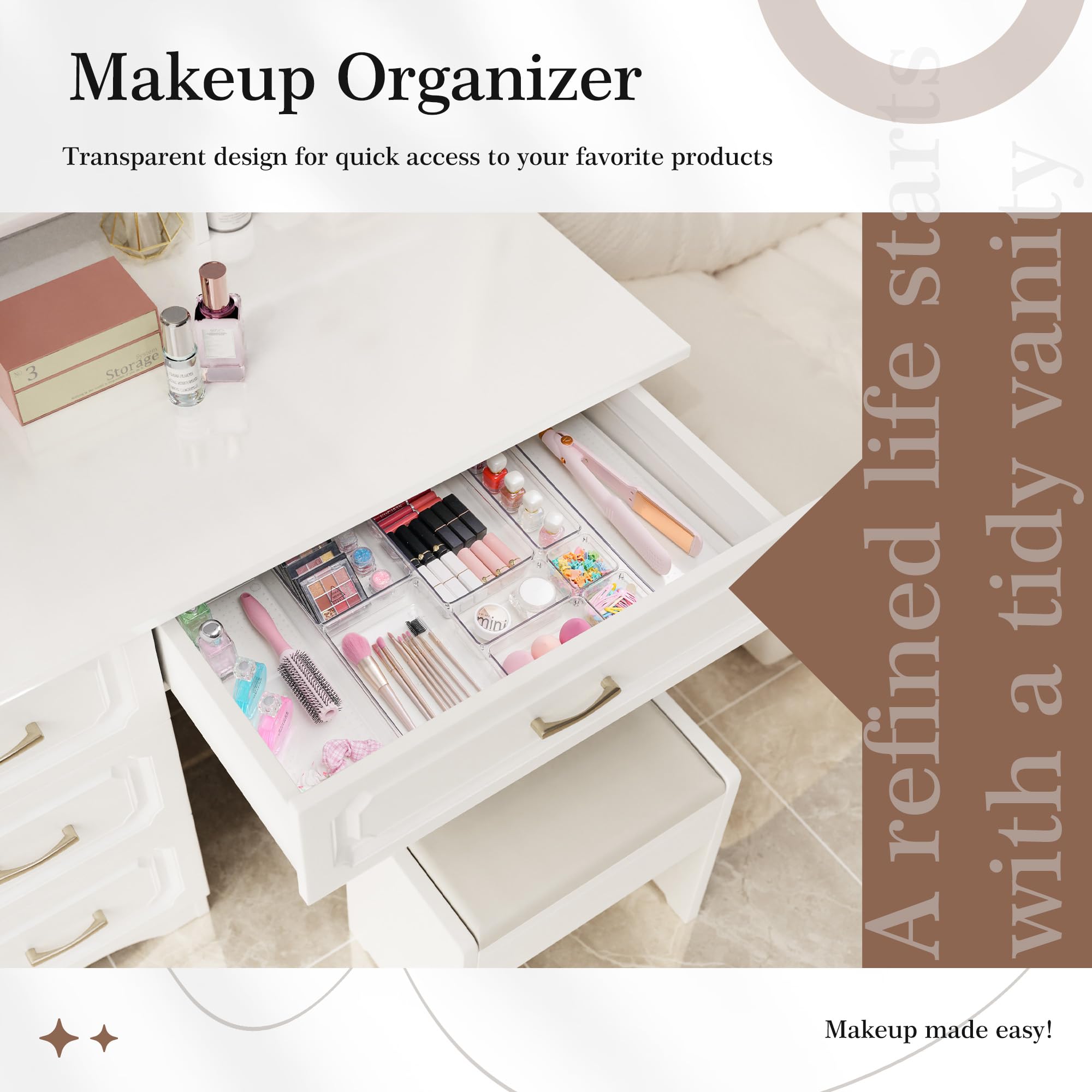 Criusia Set di 11 organizer per cassetti in plastica trasparente, 5 vassoi versatili per cucina e bagno, contenitori antiscivolo per trucchi, utensili, utensili e scrivania da ufficio