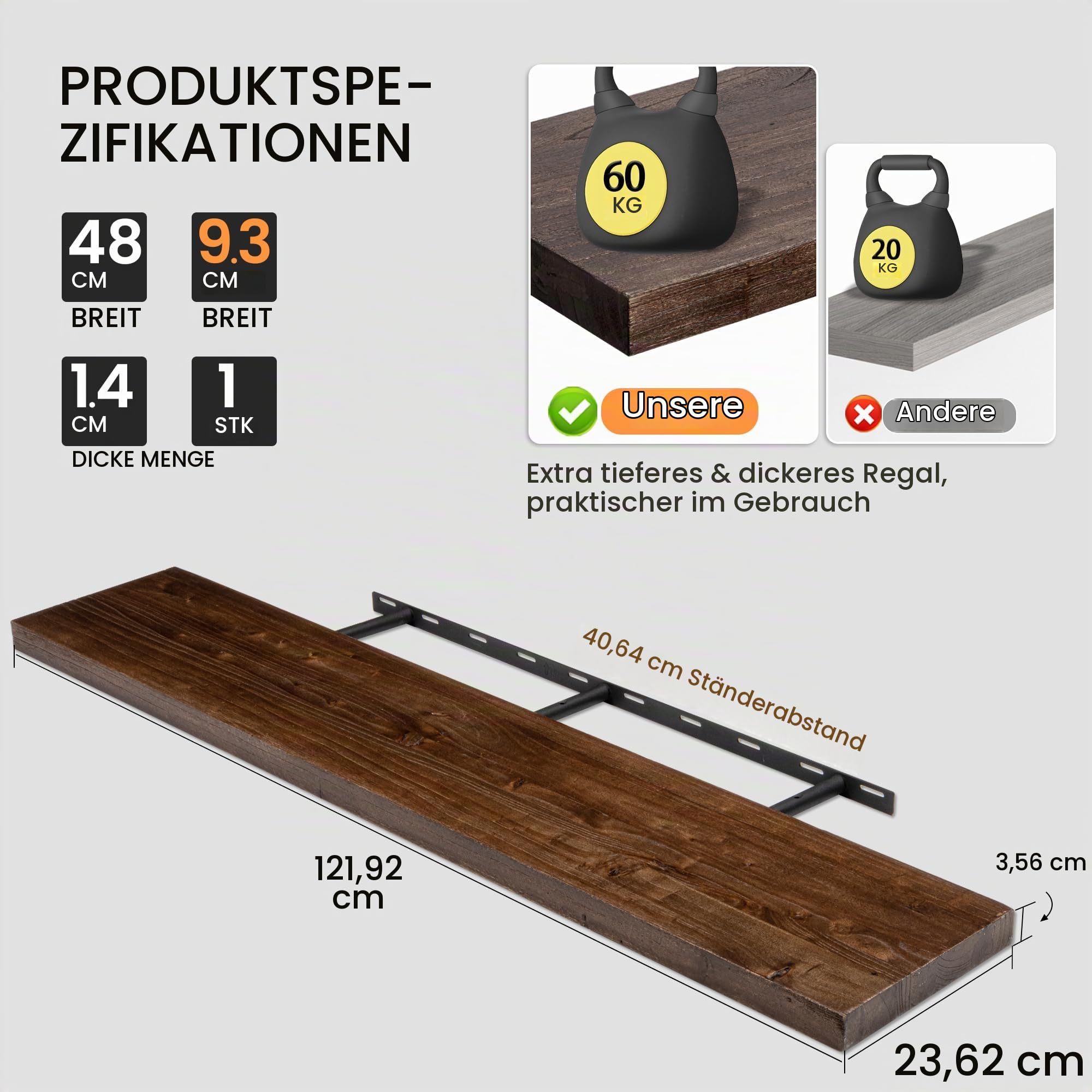 Fun Memories Schwebende Regale für die Wand, 121,9 x 23,6 cm, rustikales massives Ulmenholz, robuste Wandregale mit unsichtbaren Halterungen, 2er-Set für Wohnzimmer, Schlafzimmer, Küche