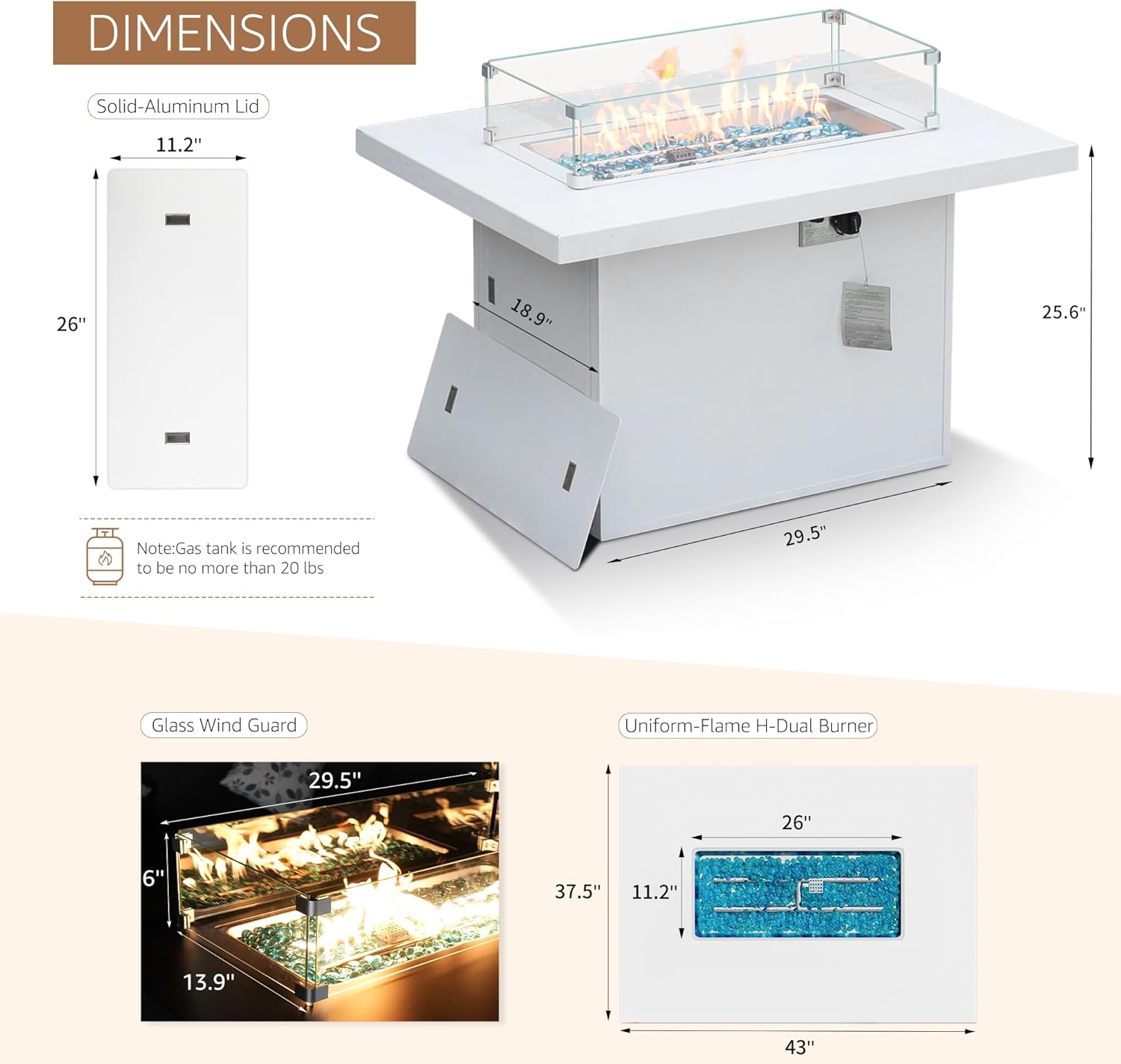 BULEXYARD 43" Aluminum Outdoor Propane Fire Pit Table, 60,000 BTU Rectangular Firepit Coffee Table with Wind Guard & Glass Stone, Large CSA Safety Approved Fireplace for Backyard Deck Garden, White