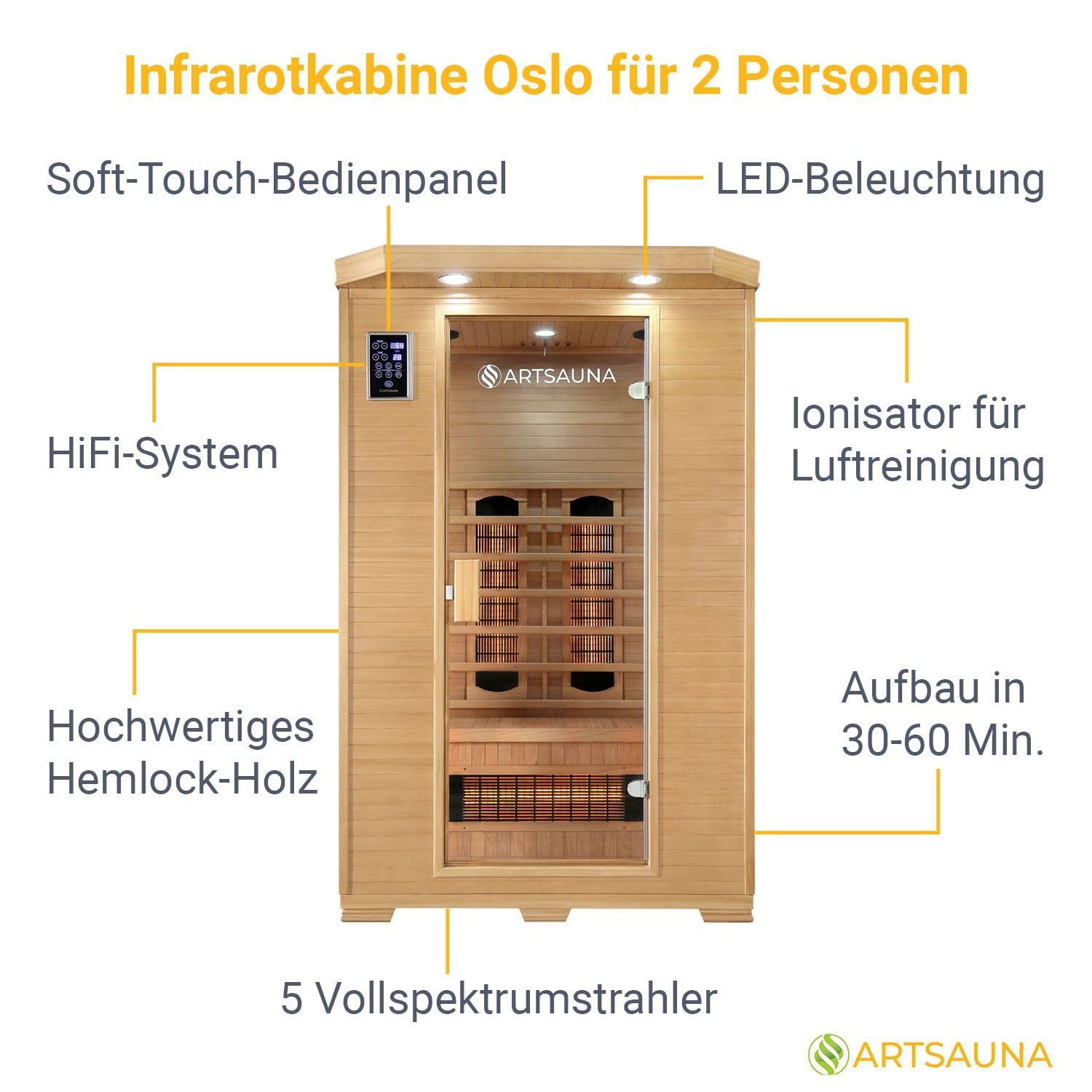 Artsauna Infrarotkabine Oslo - Wärmekabine Vollspektrumstrahler für 2 Personen - LED-Farblichttherapie - Infrarotsauna 120x100 cm aus Hemlockholz
