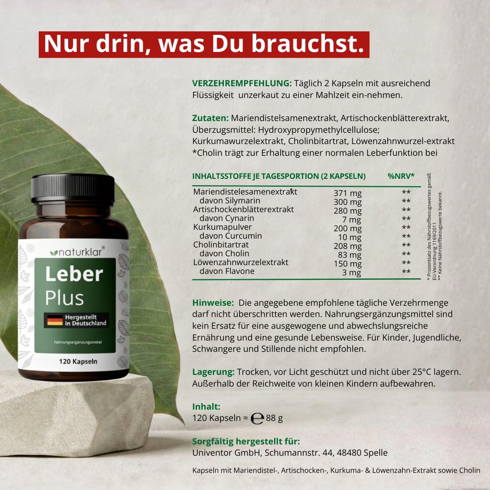 Leber Plus hochdosiert - 80% Silymarin, Mariendistel Kapseln mit Artischocke, Löwenzahn, Curcuma & Cholin - 120 Kapseln - Vegan - Milk thistle - Made in Germany