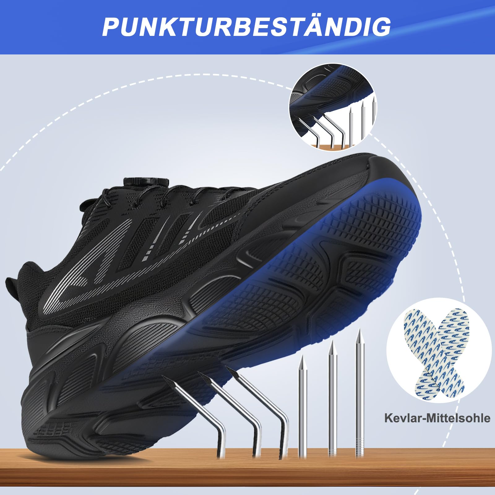Arbeitsschuhe Herren Sicherheitsschuhe Stahlkappenschuhe mit Drehschnalle Schnürsenkeln rutschfeste Leichte Arbeitsschuhe