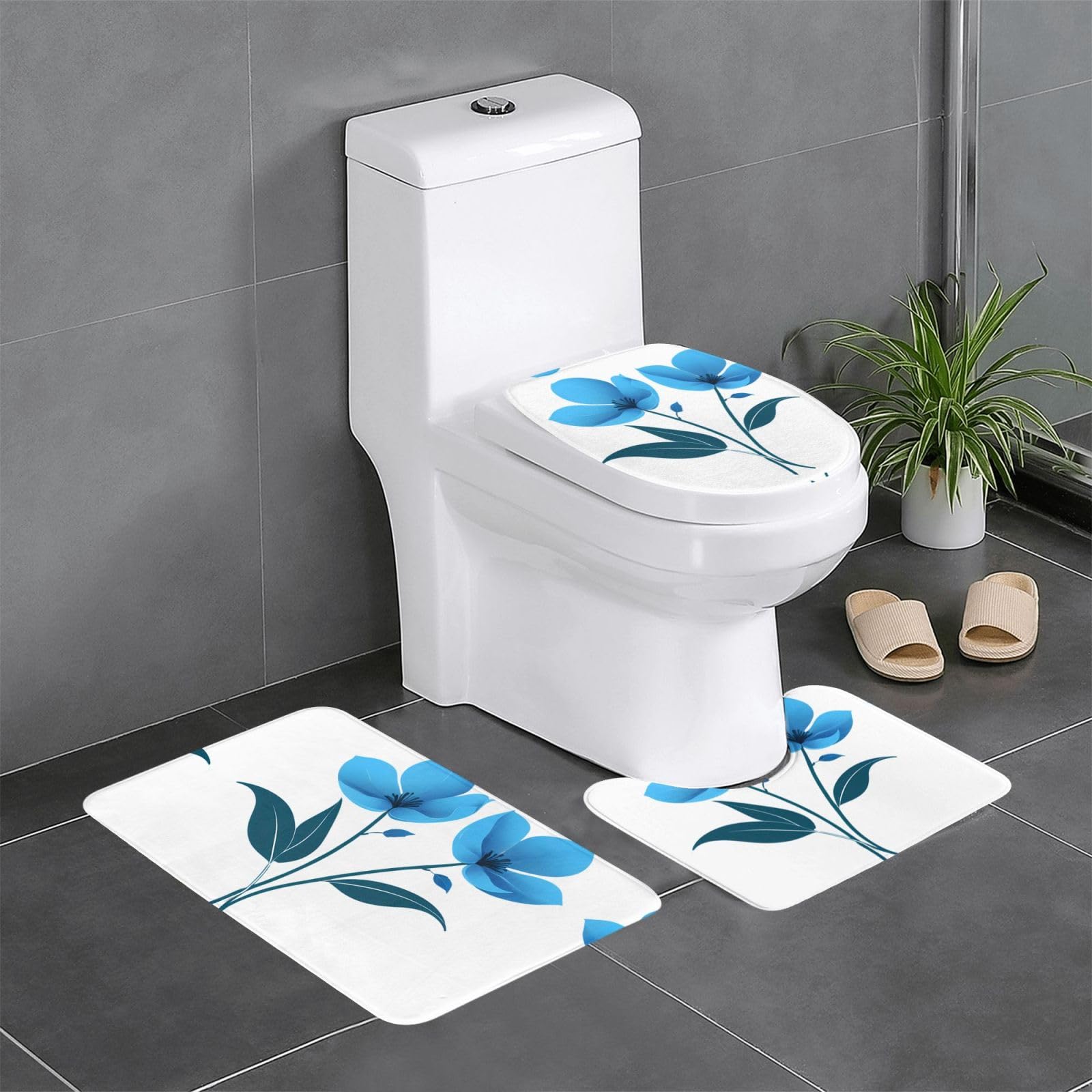 Tapis de salle de bain haut de gamme motif floral bleu ensemble de 3 pièces antidérapantes
