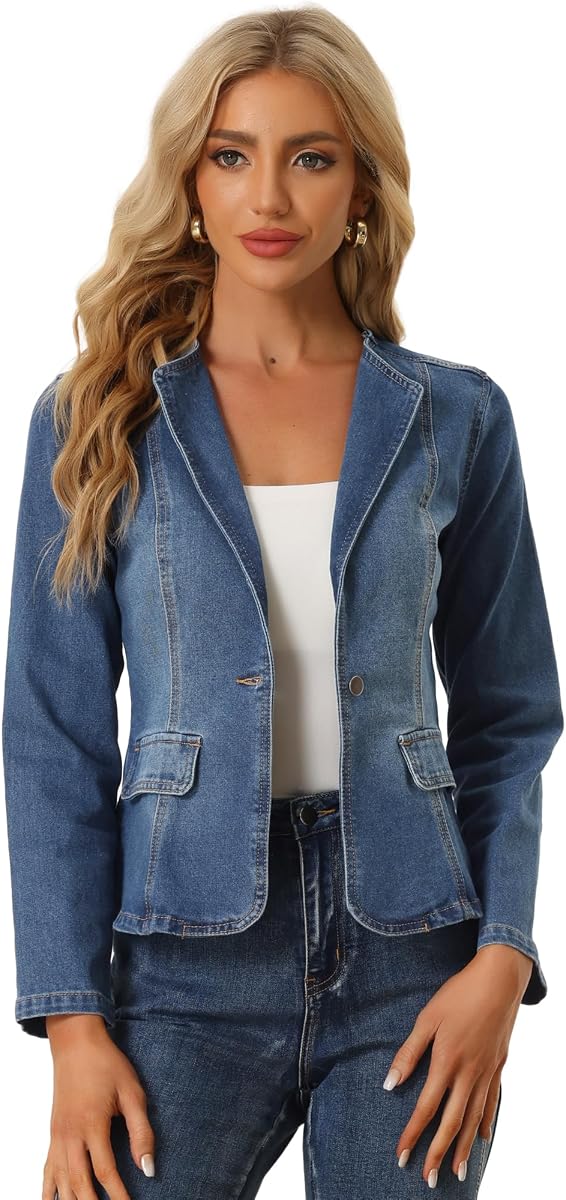 Allegra K Women Collarless Fitted Denim Blazer One Button Jean Jacket | Lightweight Stretchy, Long sleeves, Washed, Daily, Workwear, 2026 Fall Trendy