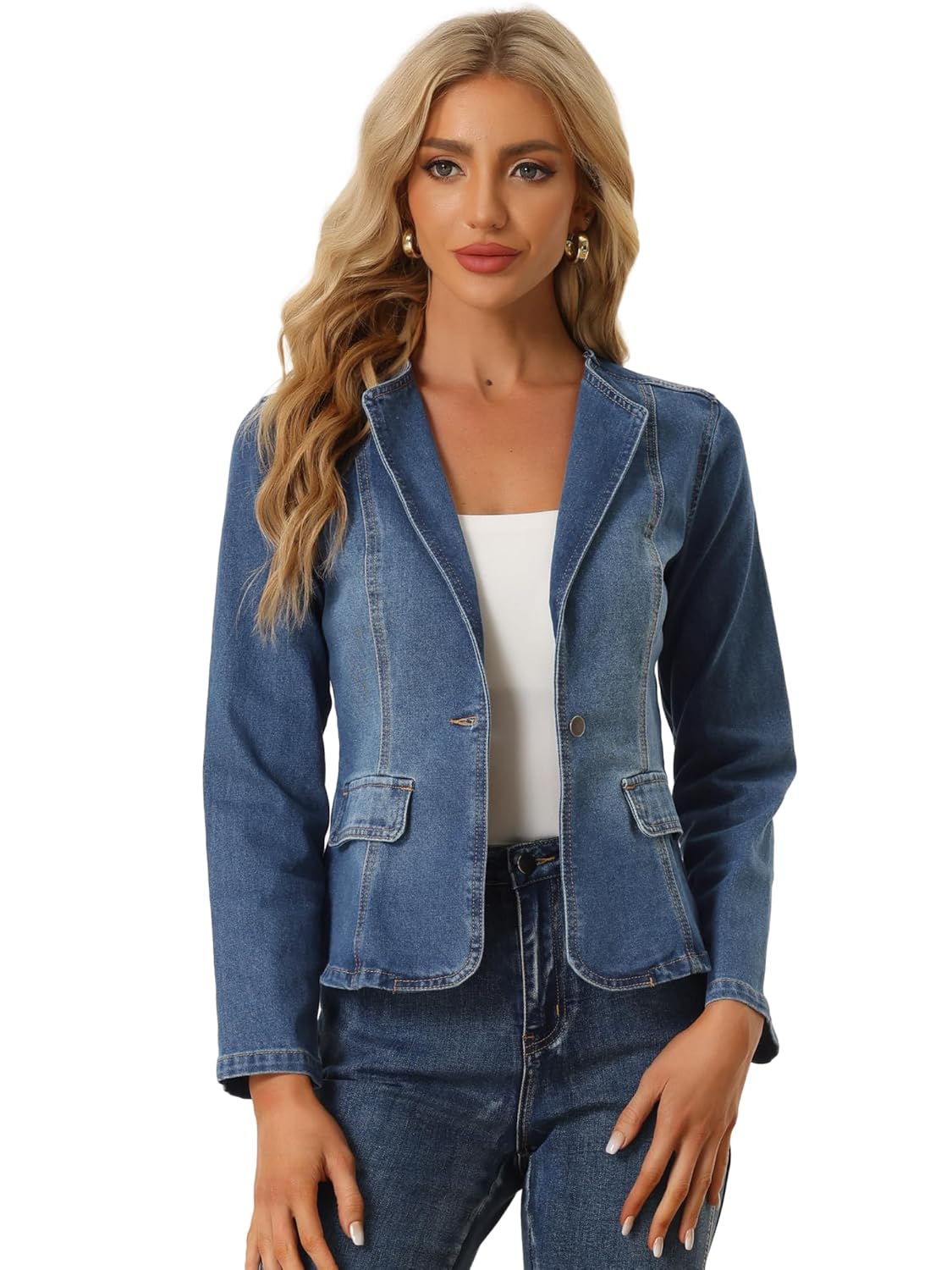 Allegra K Womens Jean Jacket Collarless Long Sleeve One Button Lightweight Denim Blazer Cropped Denim Jacket