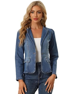 Allegra K Womens Jean Jacket Collarless Long Sleeve One Button Lightweight Denim Blazer Cropped Denim Jacket