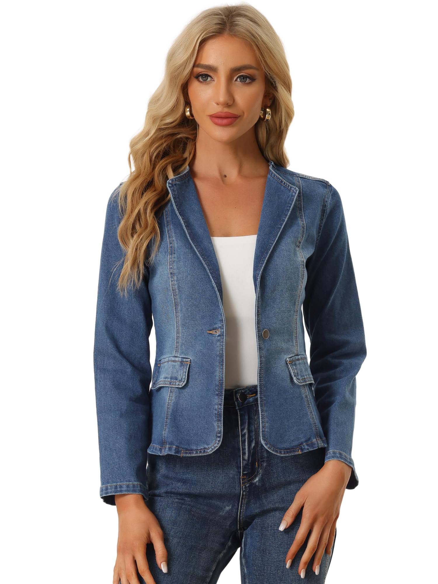 Allegra KWomen Cropped Jean Jacket Long Sleeve Collarless One Button  Lightweight Stretchy Fitted Denim Shacket Jackets