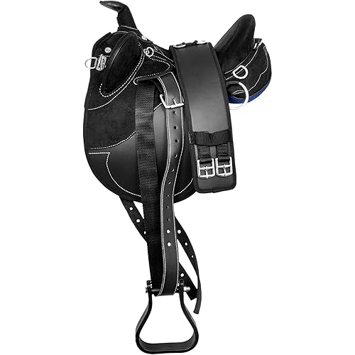 Manaal Enterprises Synthetic Suede Australian Stock English Horse Saddle Tack, Get Matching Girth, & Stirrups Size 10" to 18" inches Seat Available