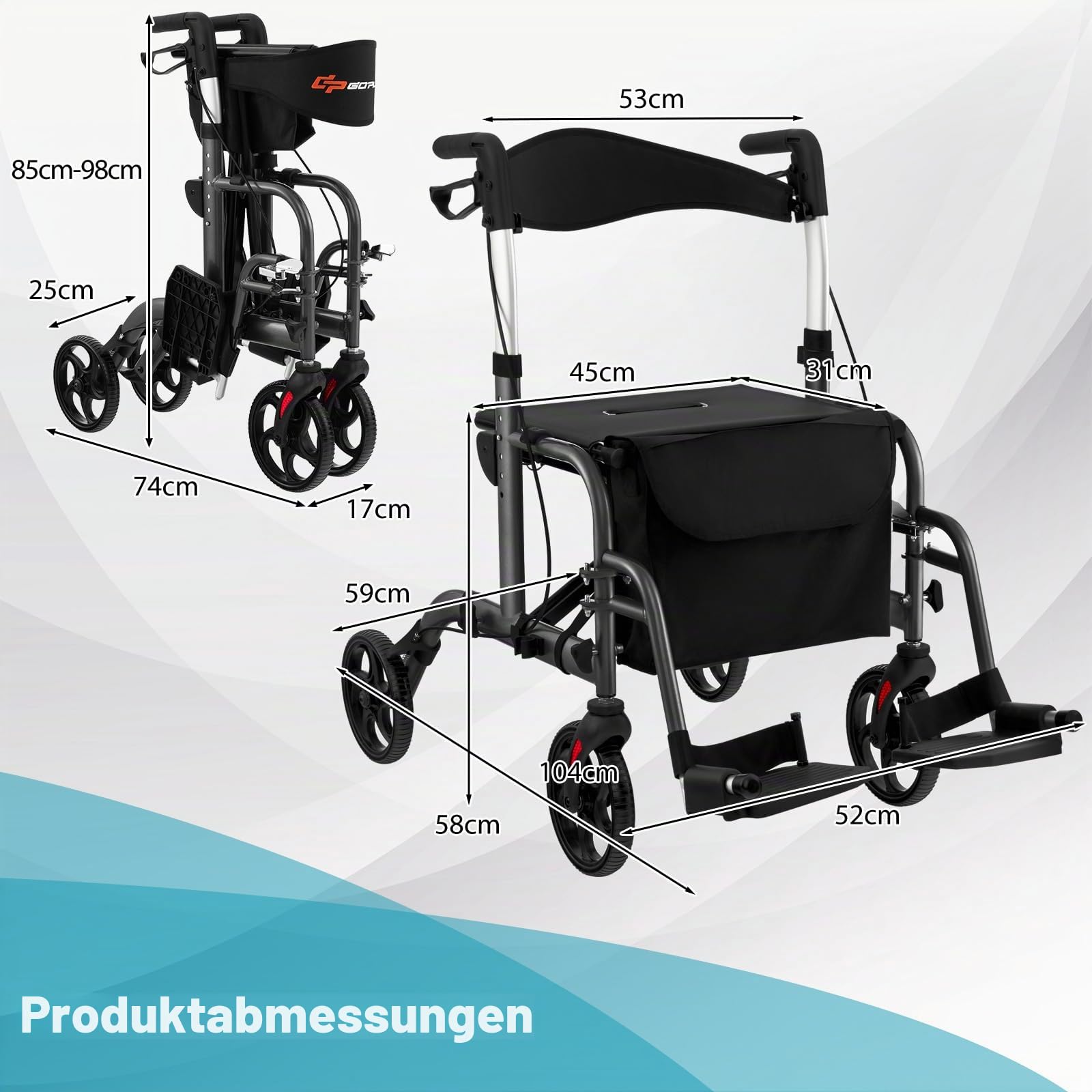 FANTASK 2 in 1 Rollator faltbar 6-fach höhenverstellbar, Gehwagen mit Rollstuhl & Reiserollator Leichtgewicht, Gehhilfe mit Tasche & Bremsen & Stockhalter, Aluminium (schwarz)