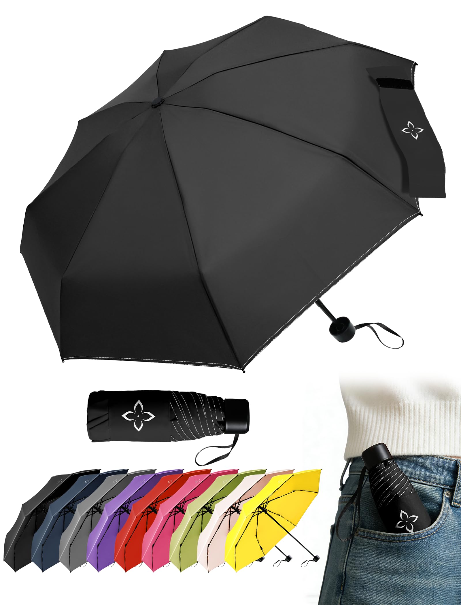 LILAC Mini Regenschirm Windfest & Kompakt, 106cm Taschenschirm Manuell für Damen Herren & Kinder, Kleiner Reiseschirm mit Reflektor-Naht & Karabiner, Leicht & Stabil