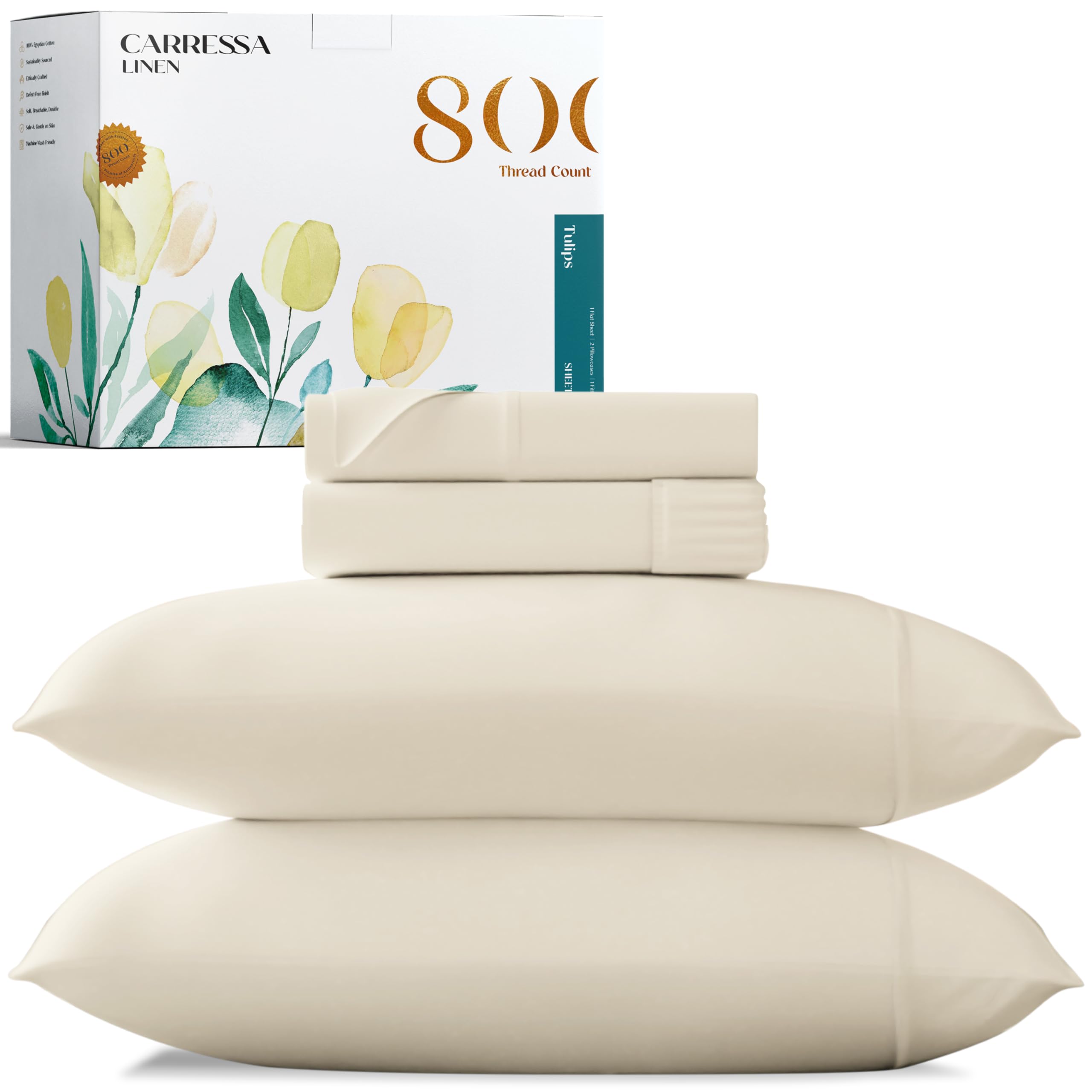 Carressa Linen Egyptian Cotton Sheets Queen Size - 800 Thread Count 4 PC Ivory Sheet for Queen Bed, Sateen Luxury Hotel Sheets, Soft Cooling Bedding Sheets, 16" Deep Pocket (Fits Upto 18" Mattress)