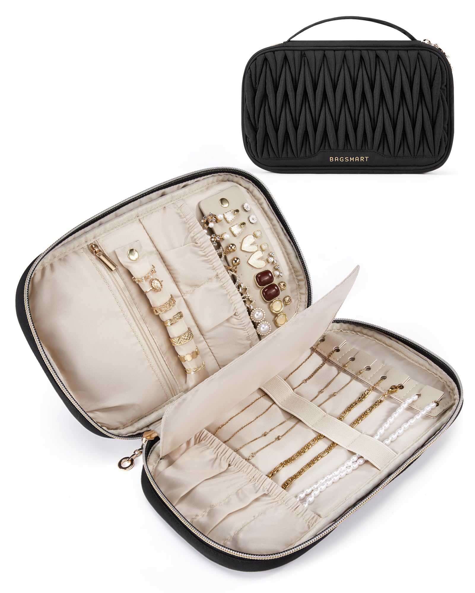 BAGSMART Travel Jewelry Case Jewelry Organizers and Storage Earings Holder Organizer for Women Necklace Holder Jewelry Rolls for Necklaces, Earrings, Bracelets-Black