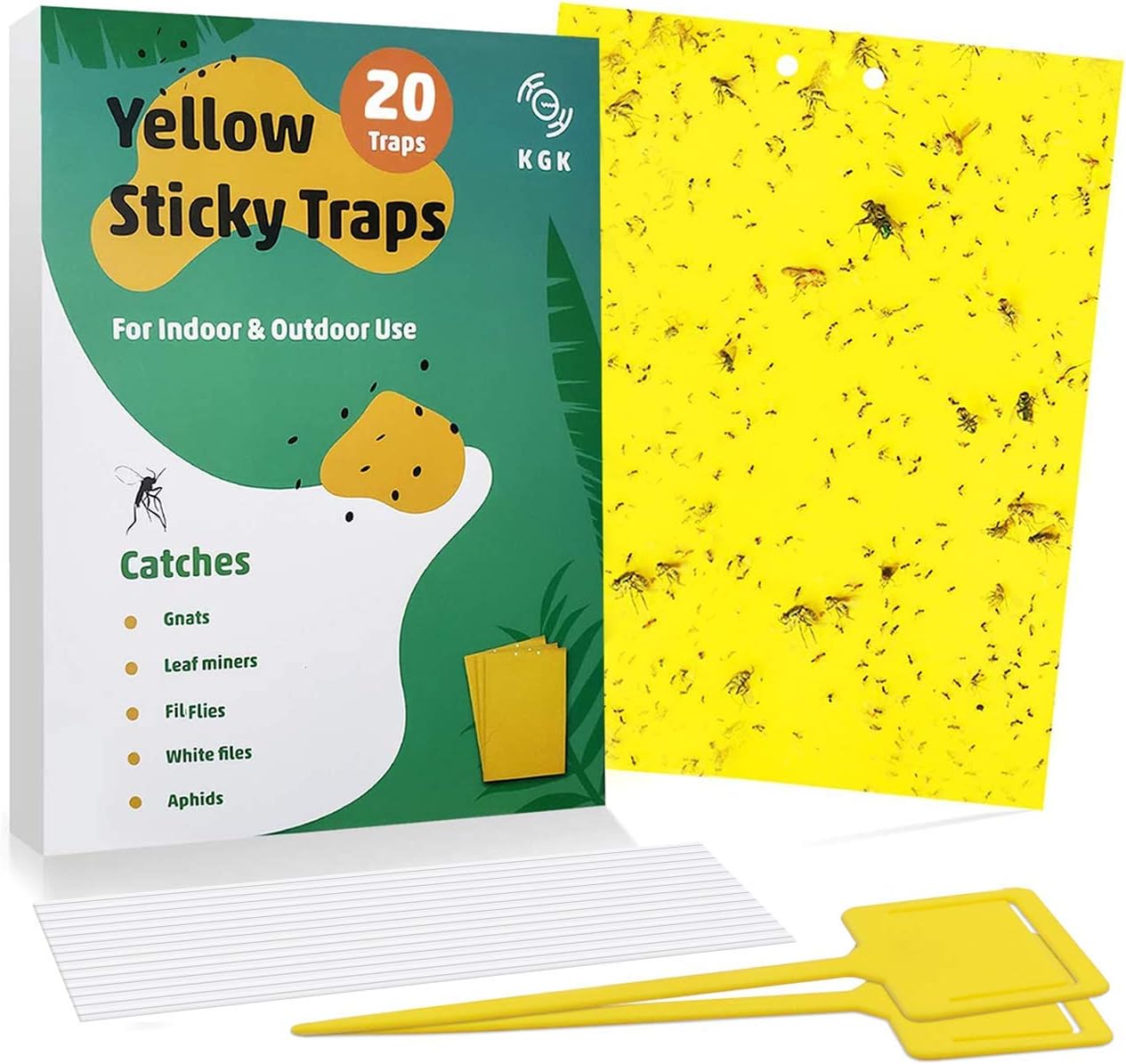 KGK Sticky Traps - 20 Pack, Dual-Sided Yellow Sticky Traps for Fungus Gnats, Aphids, and Other Flying Plant Insects - 6x8 Inches (Twist Ties and Holders Included)