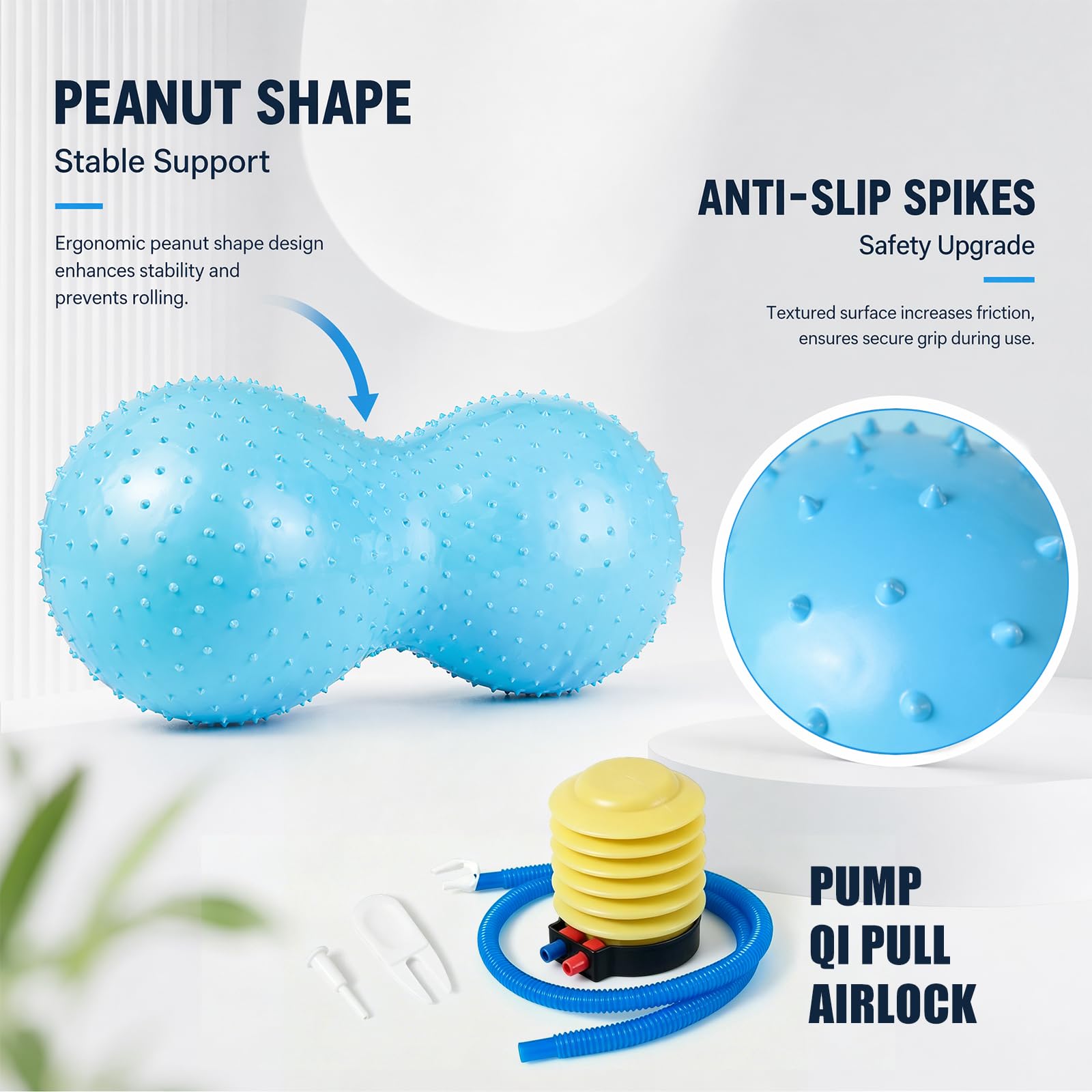Pelota de yoga cacahuete 45x90 cm antipinchazos con bomba de aire azul