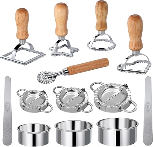 Pierogi - Juego de ruedas para cortar pasta, 14 piezas mejoradas, cortador de ravioles con mango de madera, rueda de prensa de pasta, herramientas