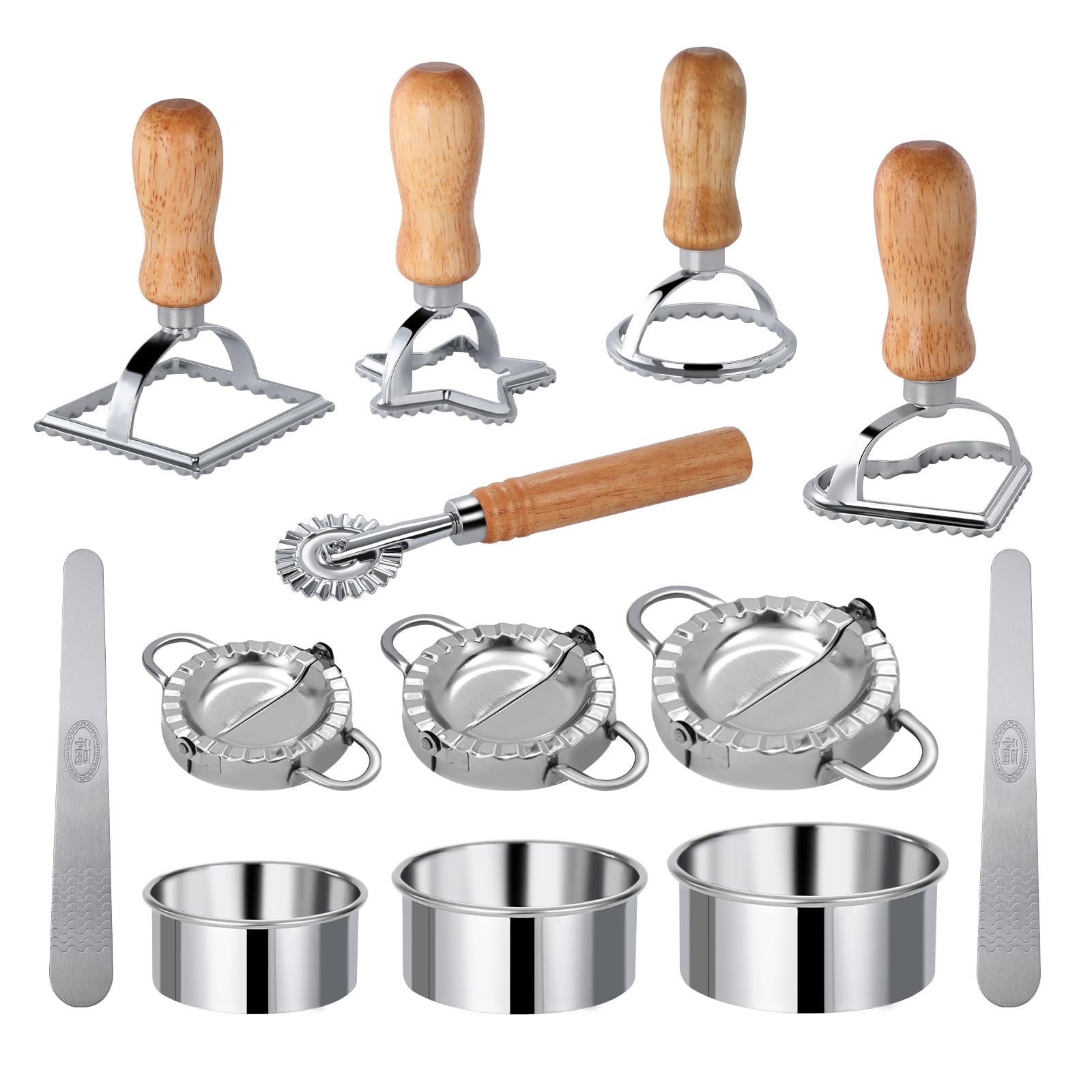 [14 Pieces Upgraded] Ravioli Pasta Cutter Wheel Set, Ravioli Maker Cutter with Roller Wheel with Wooden Handle, Pasta Press Wheel Pasta Tools For Pasta Making Dumplings, Pierogi (14-Pcs Set)
