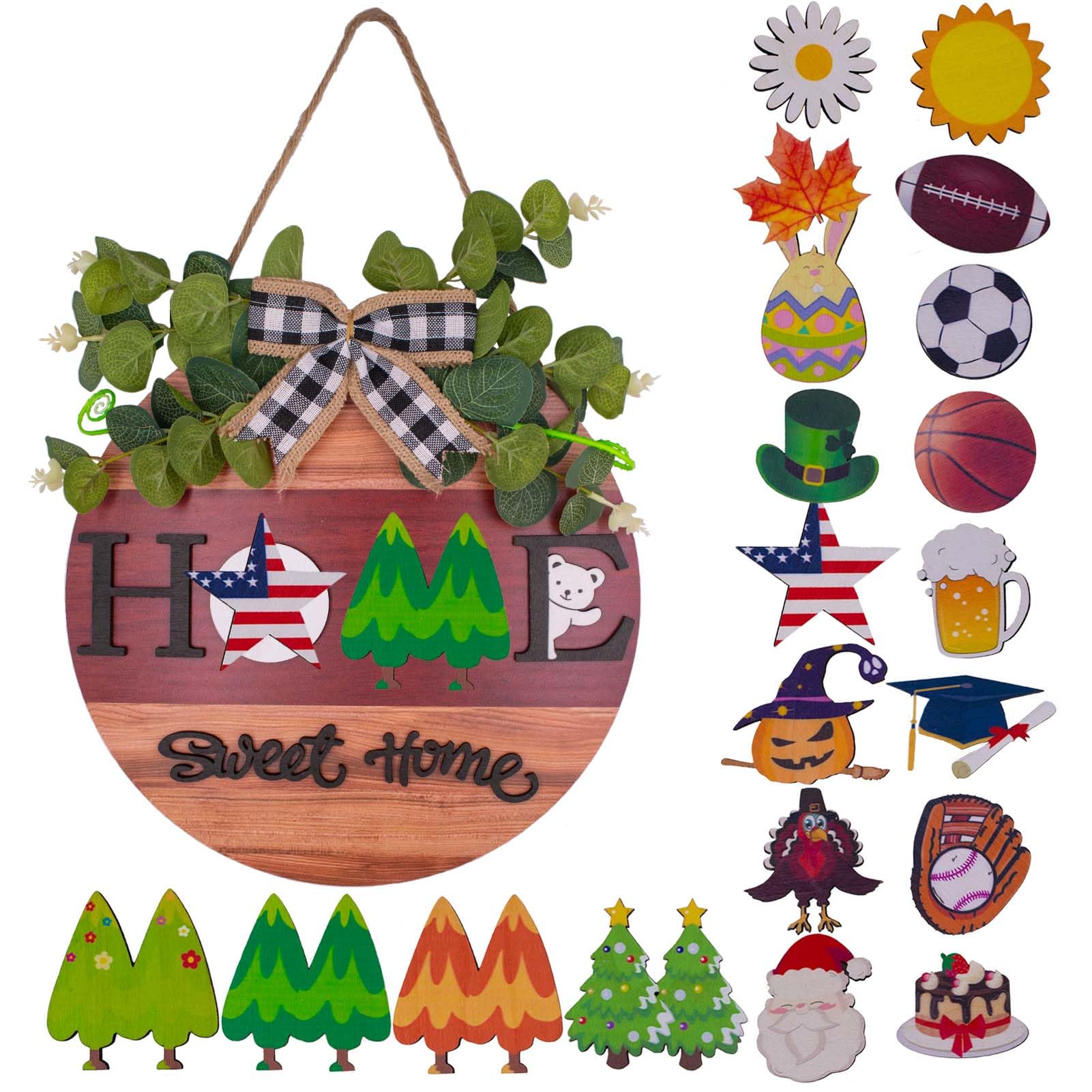 Photo 1 of 3D Interchangeable Home Sweet Home Sign with 4 Seasonal and 21 Changeable Icons for Holidays, Hanging Wooden Welcome Sign for Front Door Decor(12"x12"x0.6")