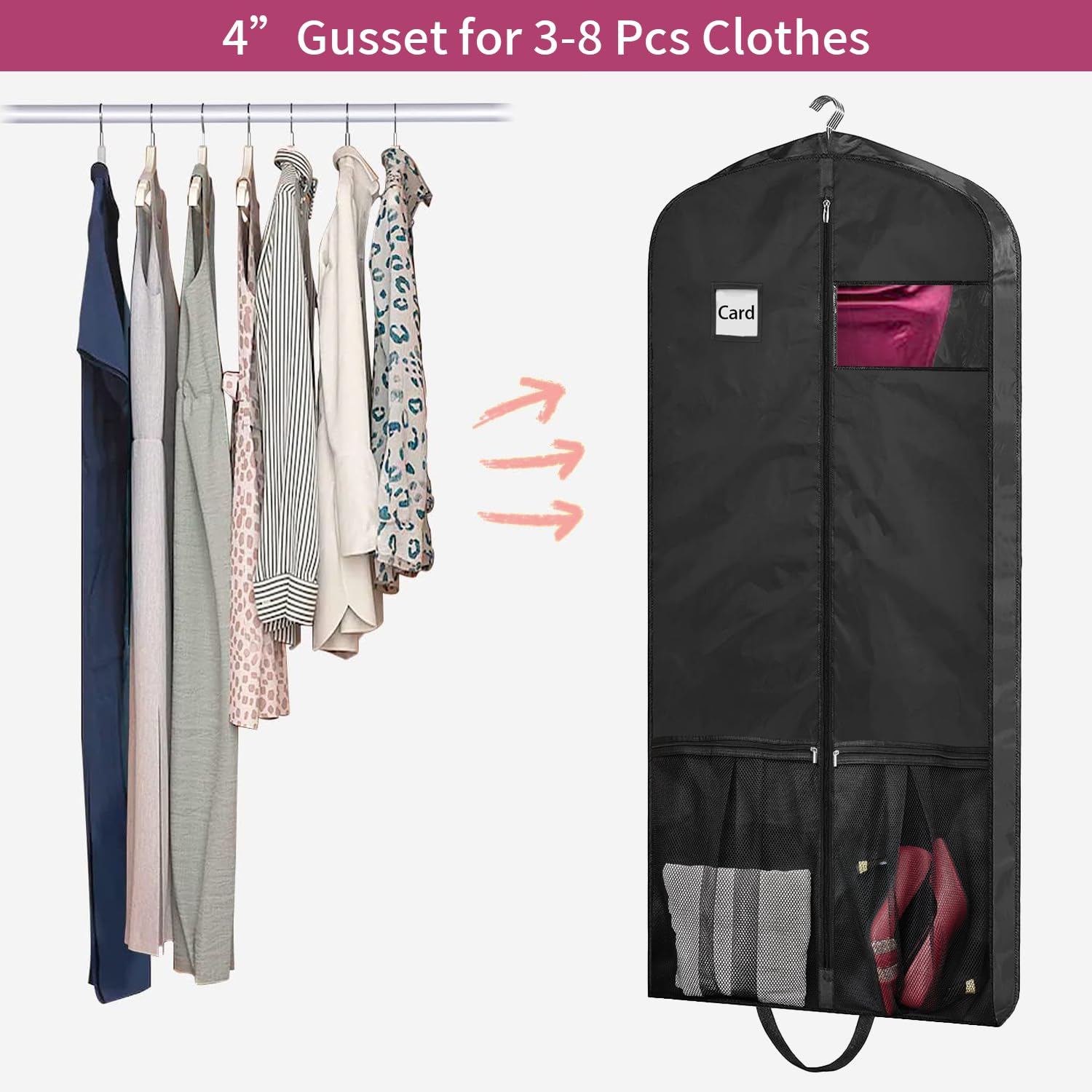 Kleidersäcke für Reisen, 137,2 cm, 2 Stück, Kleidertasche zum Aufhängen von Kleidung mit Taschen und transparentem Fenster, 10,2 cm Kleideraufbewahrungstasche für lange Mäntel, Jacken,