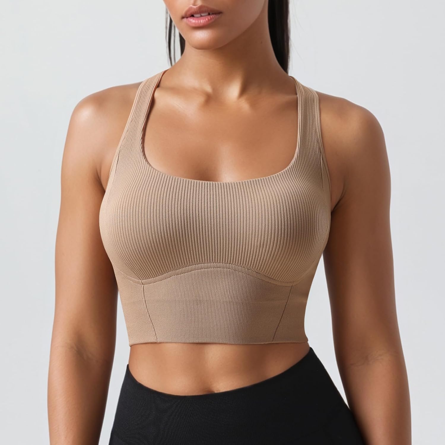 Women Square Neckline Sports Bra Padded Basic Workout Y-Back Racerback Cropped Tank Top - Image 3