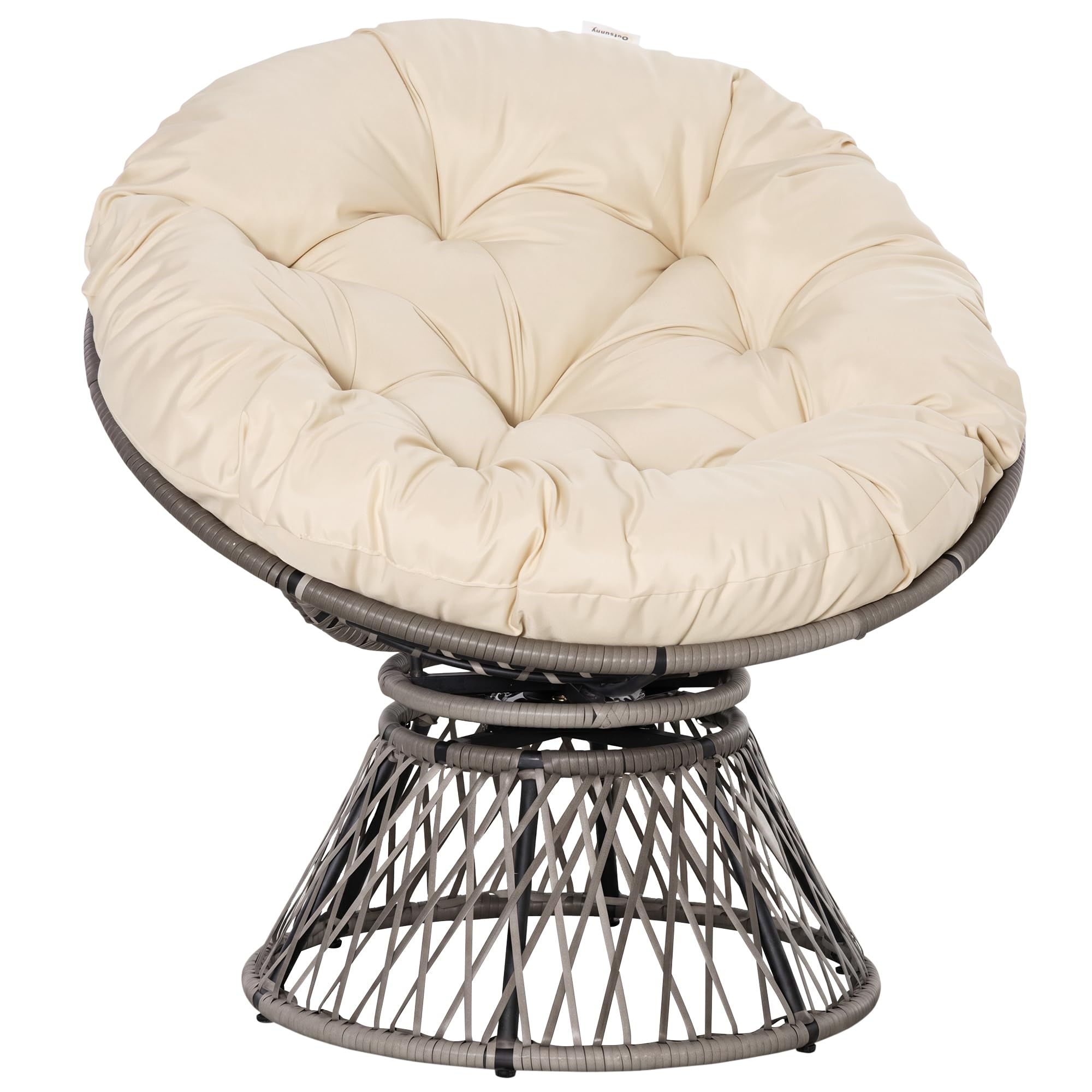 Outsunny Sillón Papasan Giratorio 360° de Ratán Sintético Silla Ovalada de Mimbre PE con Cojín y Marco de Acero Carga 160 kg para Jardín Patio Terraza 87x97x86 cm Gris y Crema