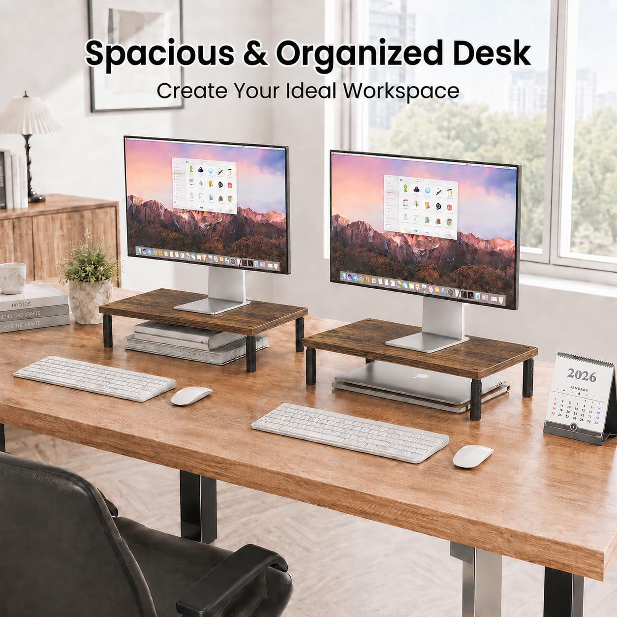 OPNICE Verstellbarer Monitorständer für Schreibtisch, Computer- und Laptop-Ständer, Schreibtisch-Organizer und Zubehör, Büro-Schreibtischzubehör und Arbeitsplatz-Organizer für Heimbüro, braunes Holz